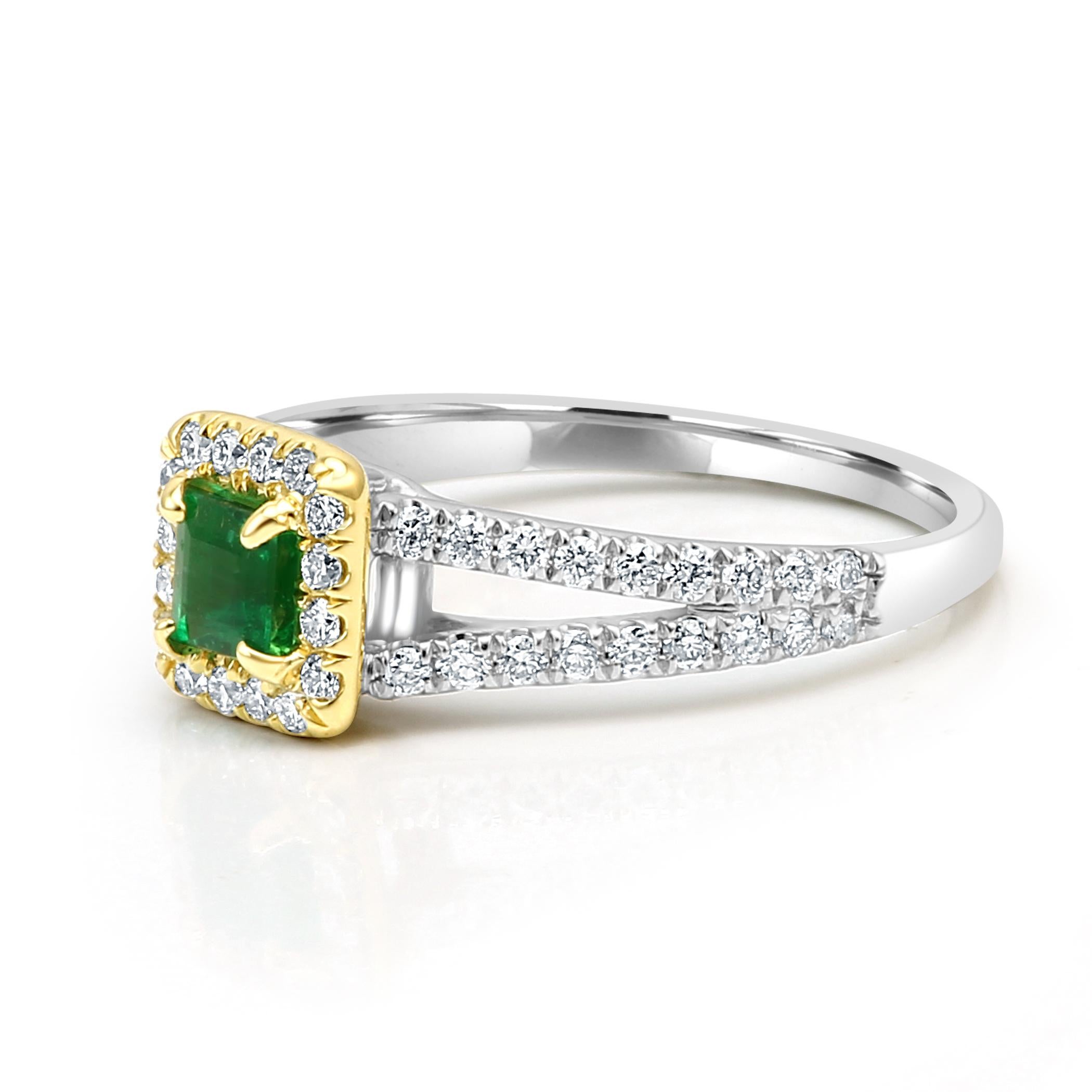 Emerald Emerald Cut White Diamond Halo Two Color Gold Bridal Fashion Ring In New Condition In NEW YORK, NY