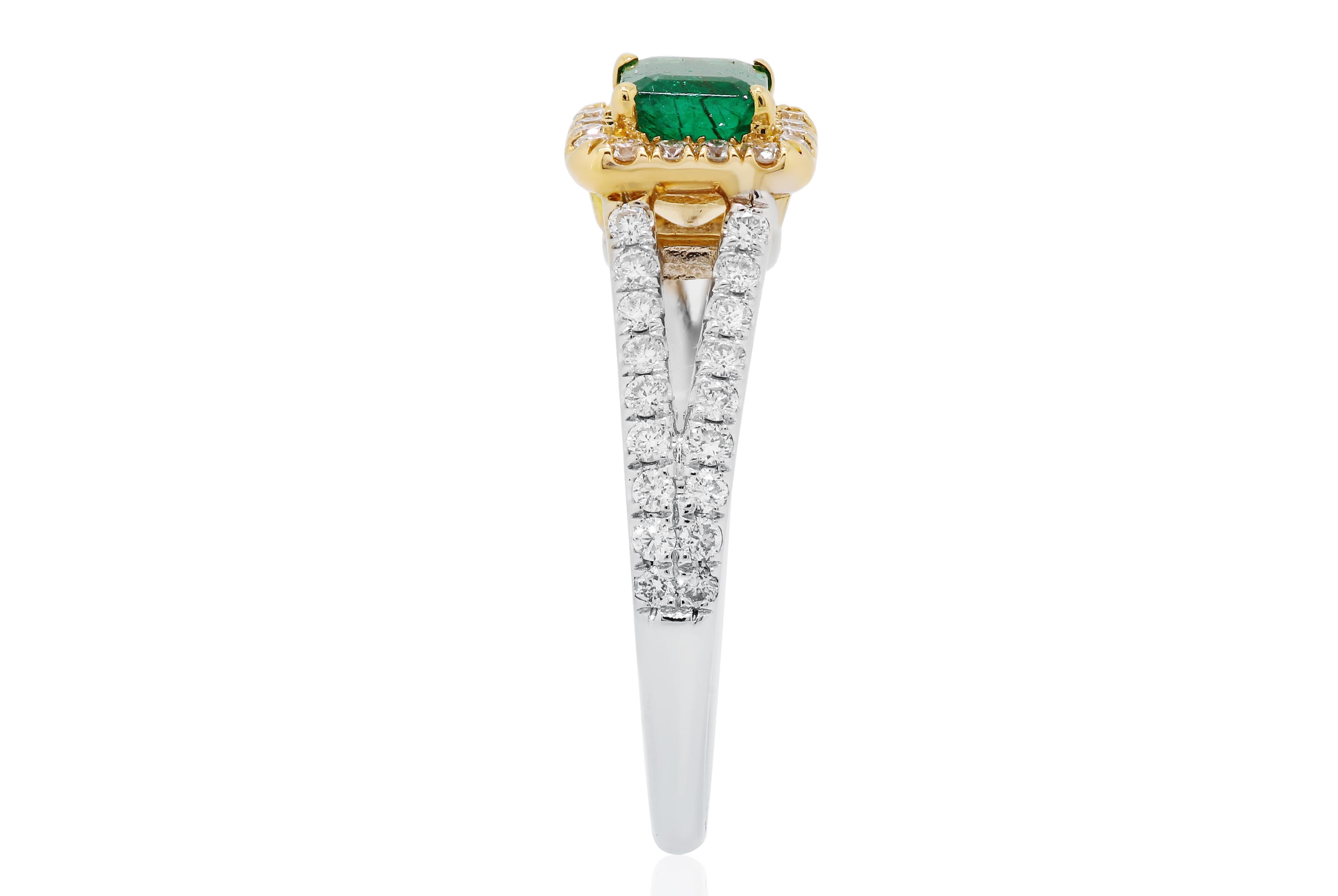 Women's or Men's Emerald Emerald Cut White Diamond Halo Two Color Gold Bridal Fashion Ring