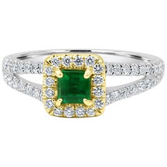 Emerald Emerald Cut White Diamond Halo Two Color Gold Bridal Fashion Ring