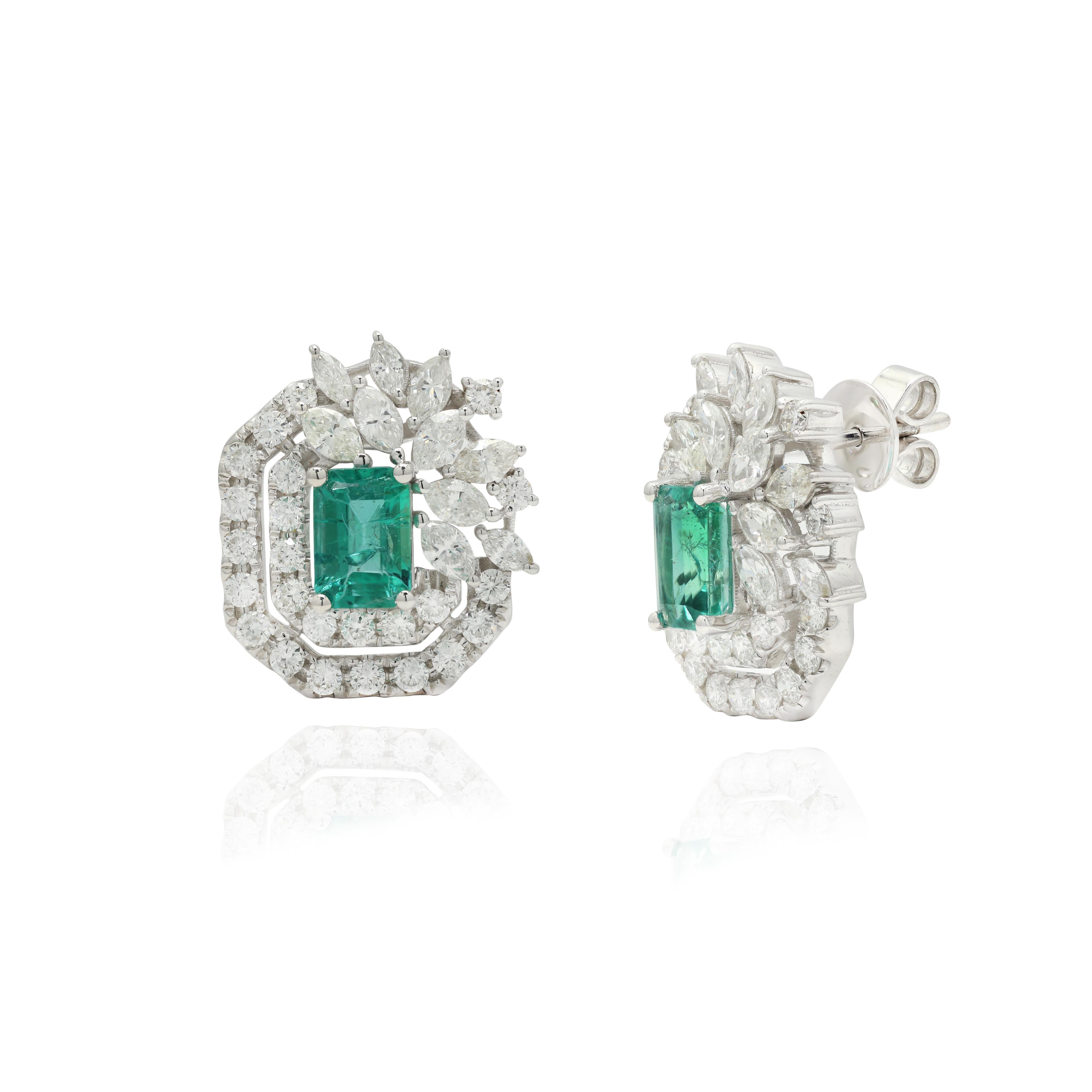 Studs create a subtle beauty while showcasing the colors of the natural precious gemstones and illuminating diamonds making a statement.
Floral Emerald with diamonds stud earrings in 14K gold. Embrace your look with these stunning pair of earrings