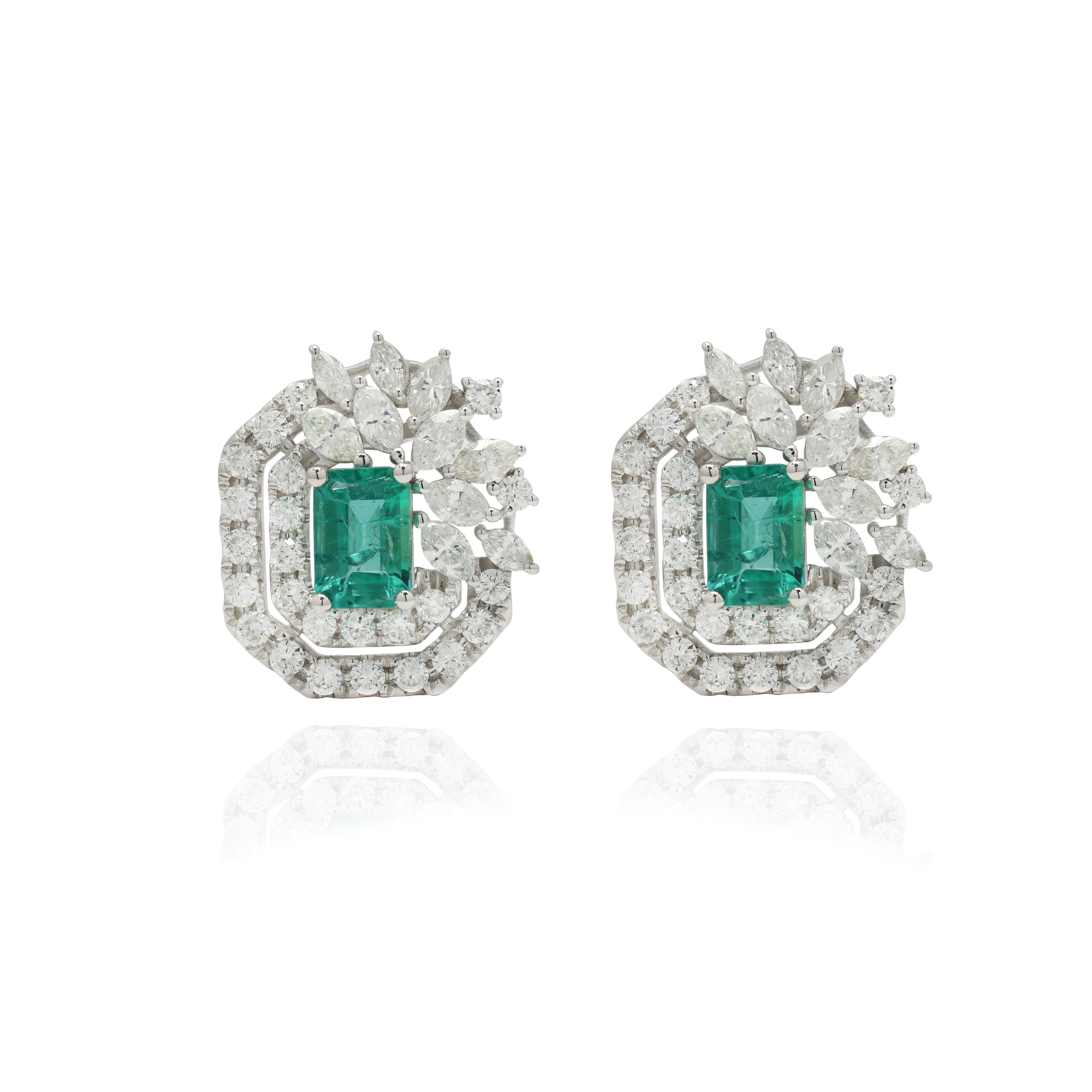 Octagon Cut Emerald Encompassed with Diamonds Floral Stud Earrings in 14K Solid White Gold For Sale