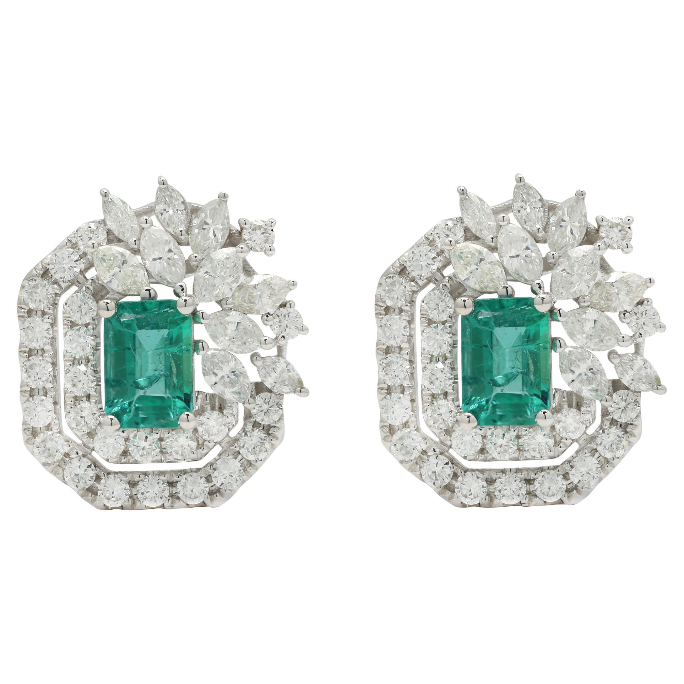 Emerald Encompassed with Diamonds Floral Stud Earrings in 14K Solid White Gold