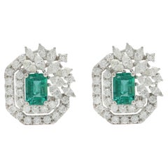Emerald Encompassed with Diamonds Floral Stud Earrings in 14K Solid White Gold