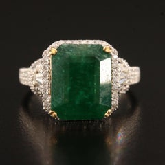 Art Deco 6 CT Natural Emerald Diamond Engagement Ring in 18K Gold, Cocktail Ring