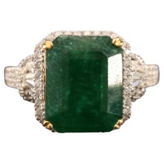 Art Deco 6 CT Natural Emerald Diamond Engagement Ring in 18K Gold, Cocktail Ring