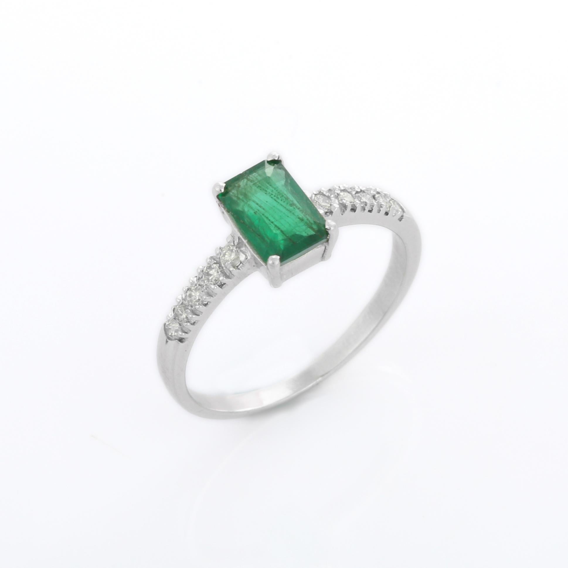 For Sale:  Emerald Engagement Ring with Diamonds in 18K White Gold 7