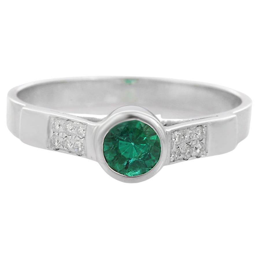 For Sale:  Emerald Engagement Ring with Diamonds in 18K White Gold