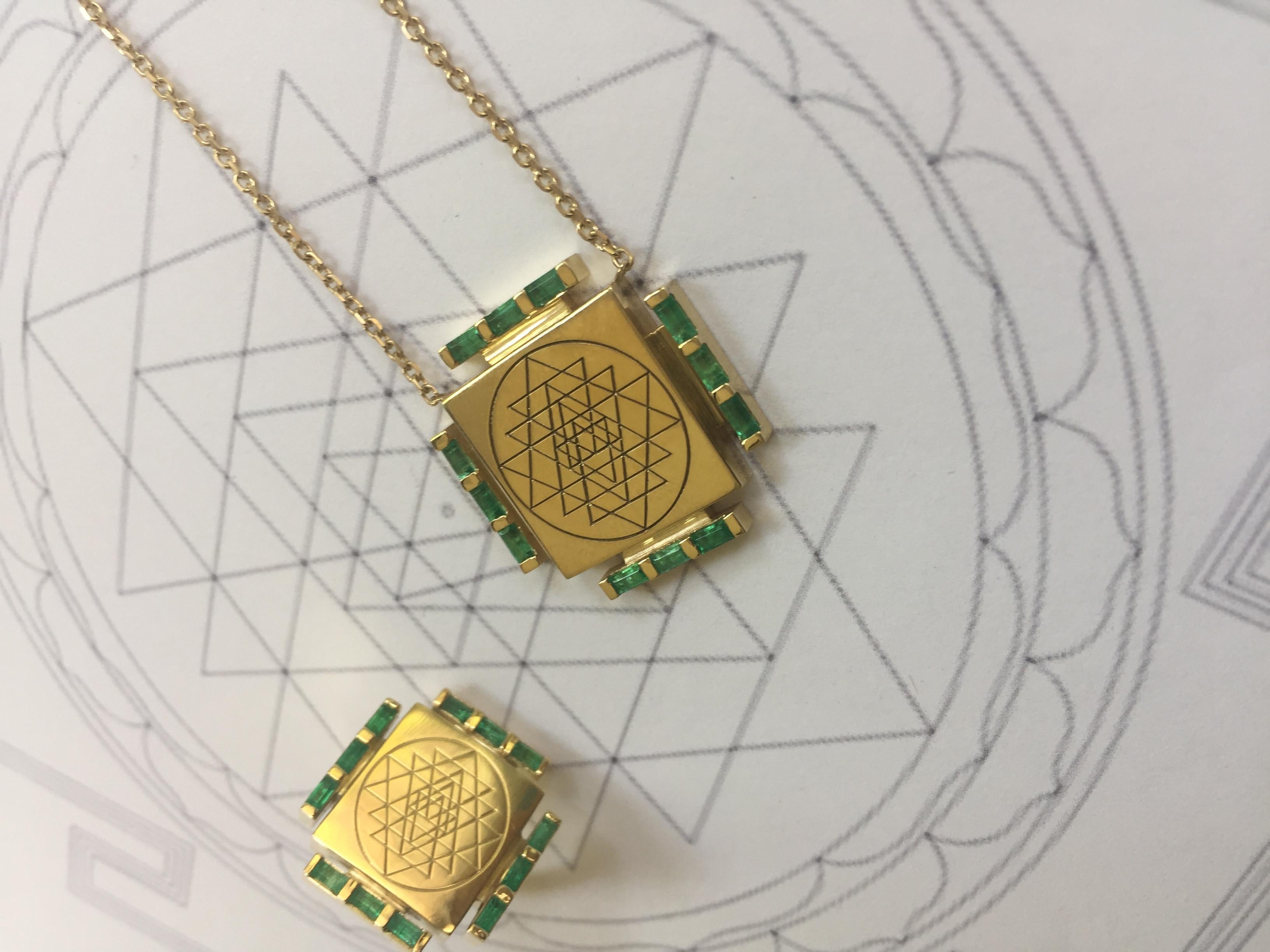 Emerald Cut Emerald Engraved Necklace For Sale