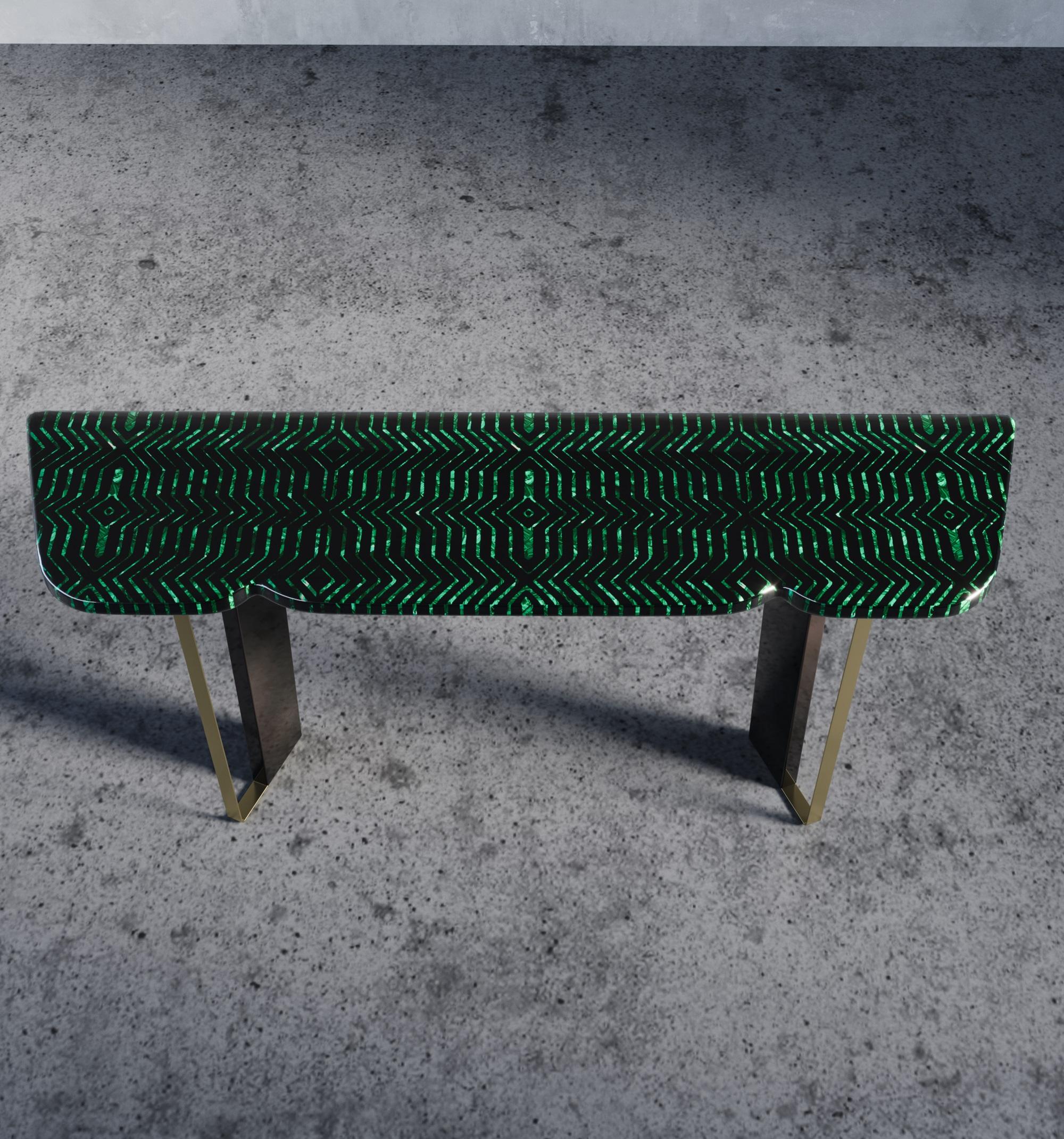 Indian Emerald Envy Malachite Stone Console Table in Black Italian Marble For Sale