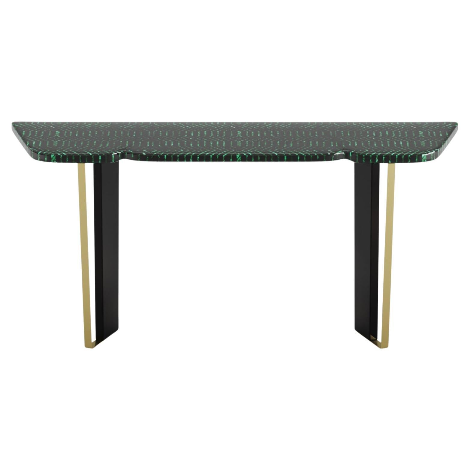 Emerald Envy Malachite Stone Console Table in Black Italian Marble For Sale
