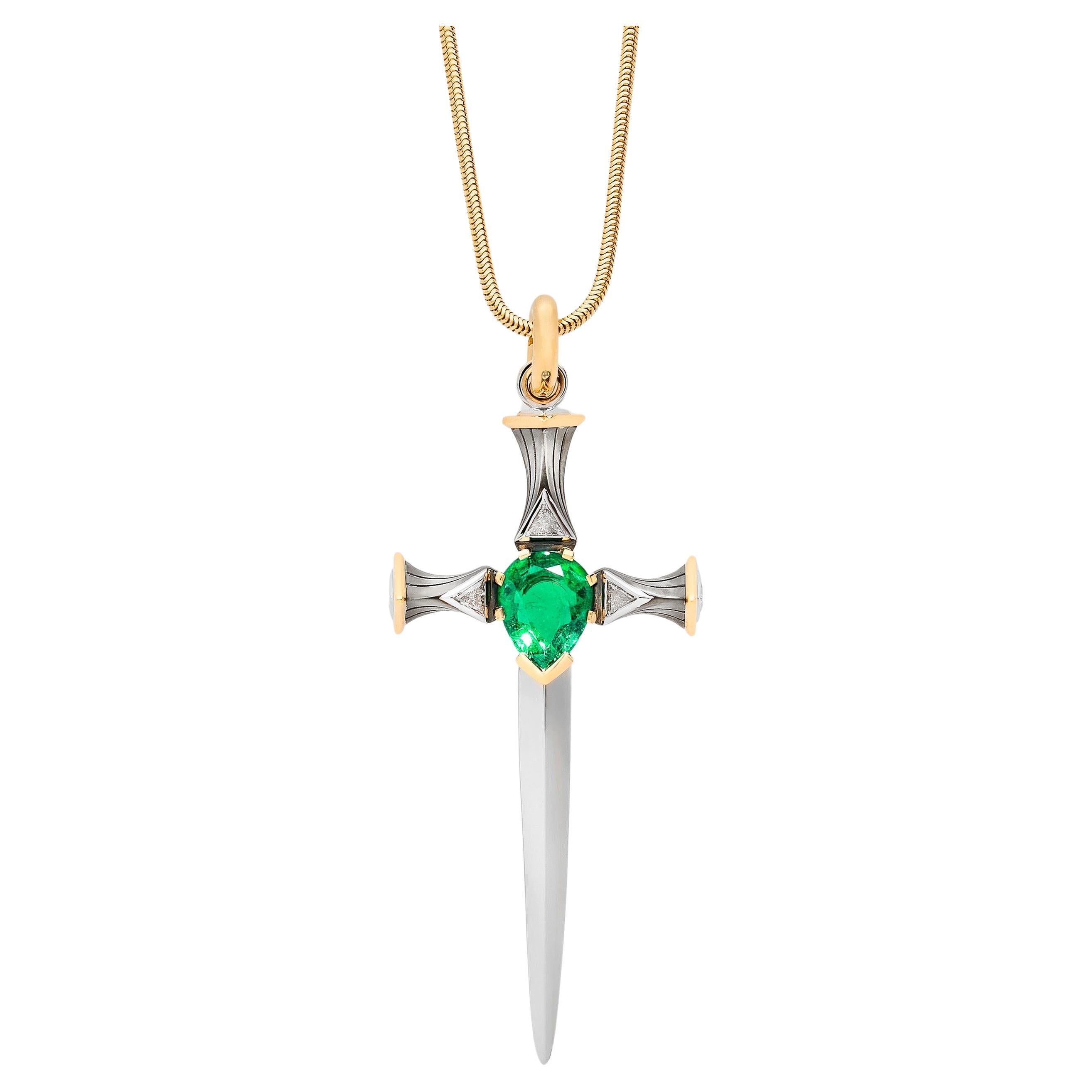 Emerald Épée Pendant in 18k Yellow Gold & Distressed Silver by Elie Top