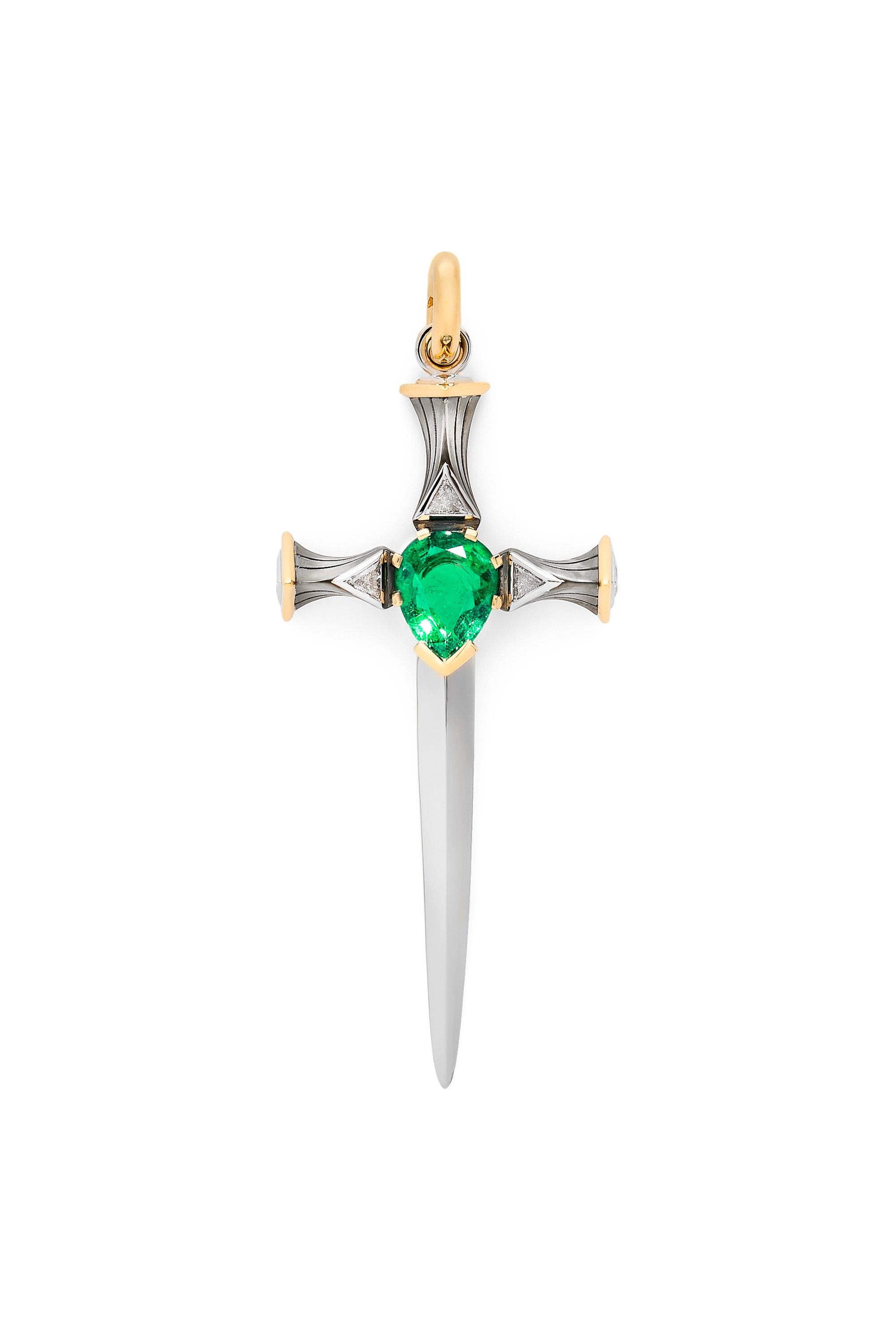 Neoclassical Emerald Épée Pendant in 18k Yellow Gold & Platinum by Elie Top For Sale