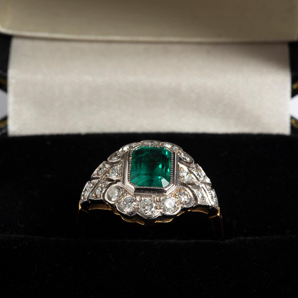 Emerald (est 1.20ct) & Diamond (est .60ct) Cluster Ring, 18K Yellow Gold ... In Excellent Condition For Sale In Canterbury, GB