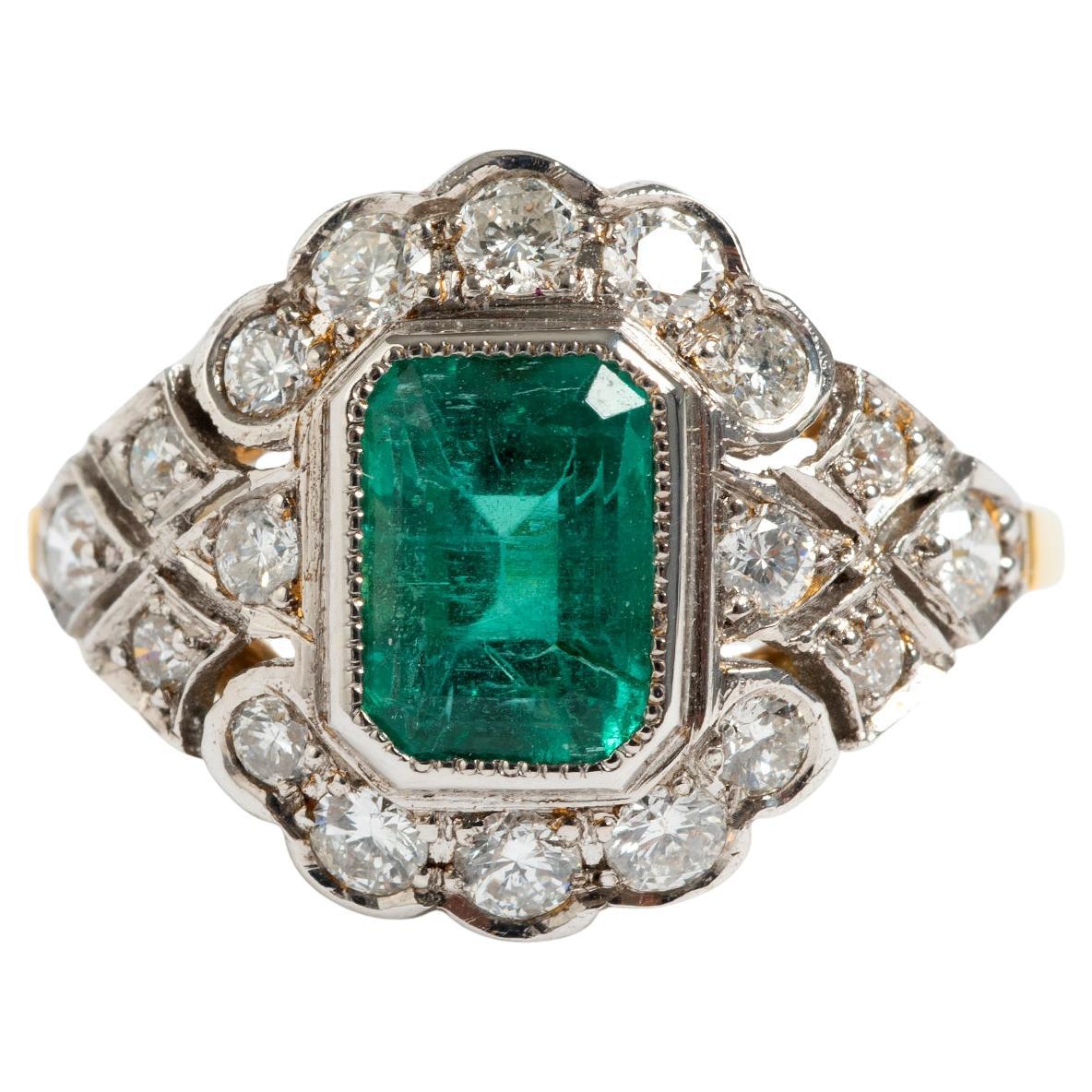 Emerald (est 1.20ct) & Diamond (est .60ct) Cluster Ring, 18K Yellow Gold ... For Sale