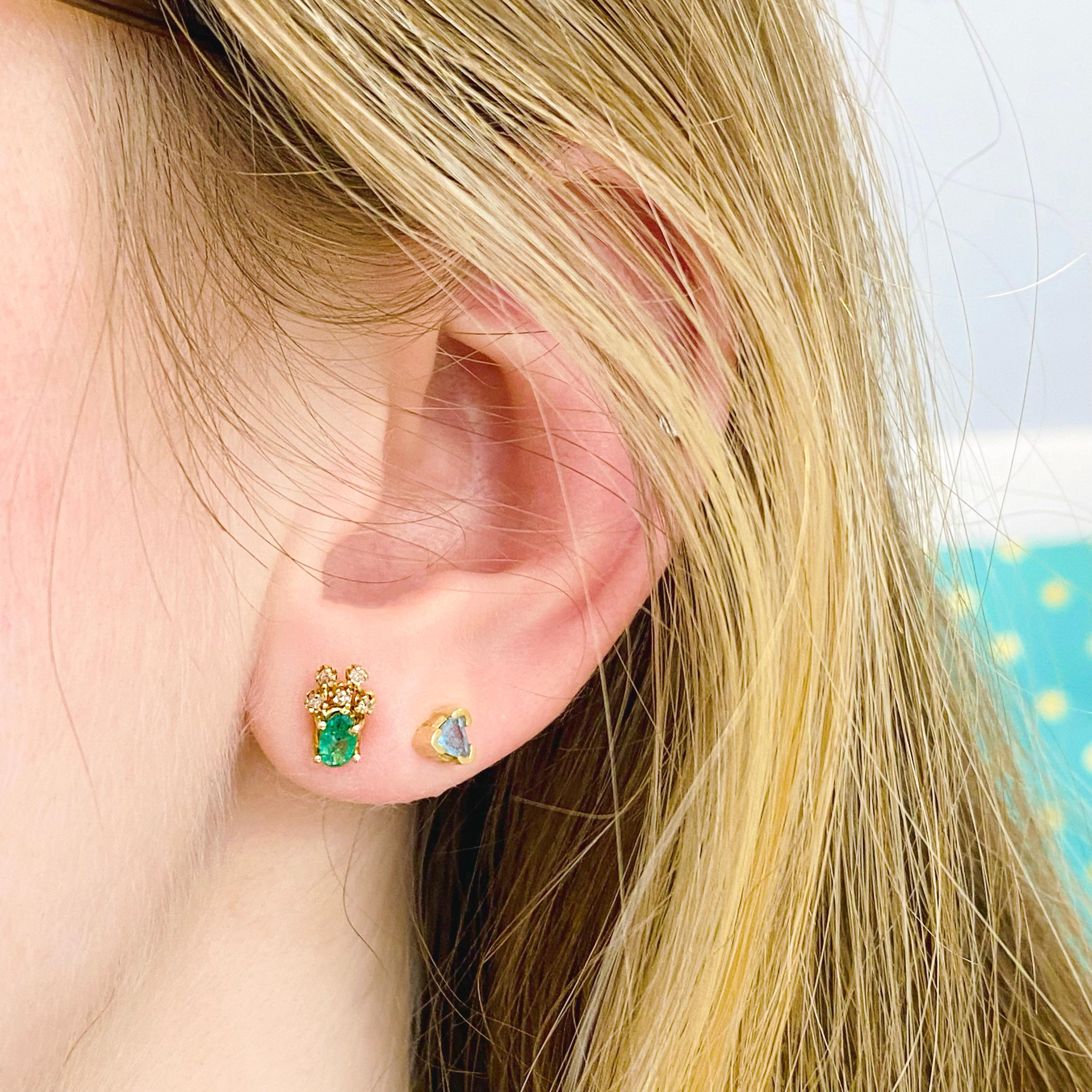 Contemporary Emerald Estate Earrings W Diamonds Handmade W 14k Solid Gold W Stud Posts, Green For Sale