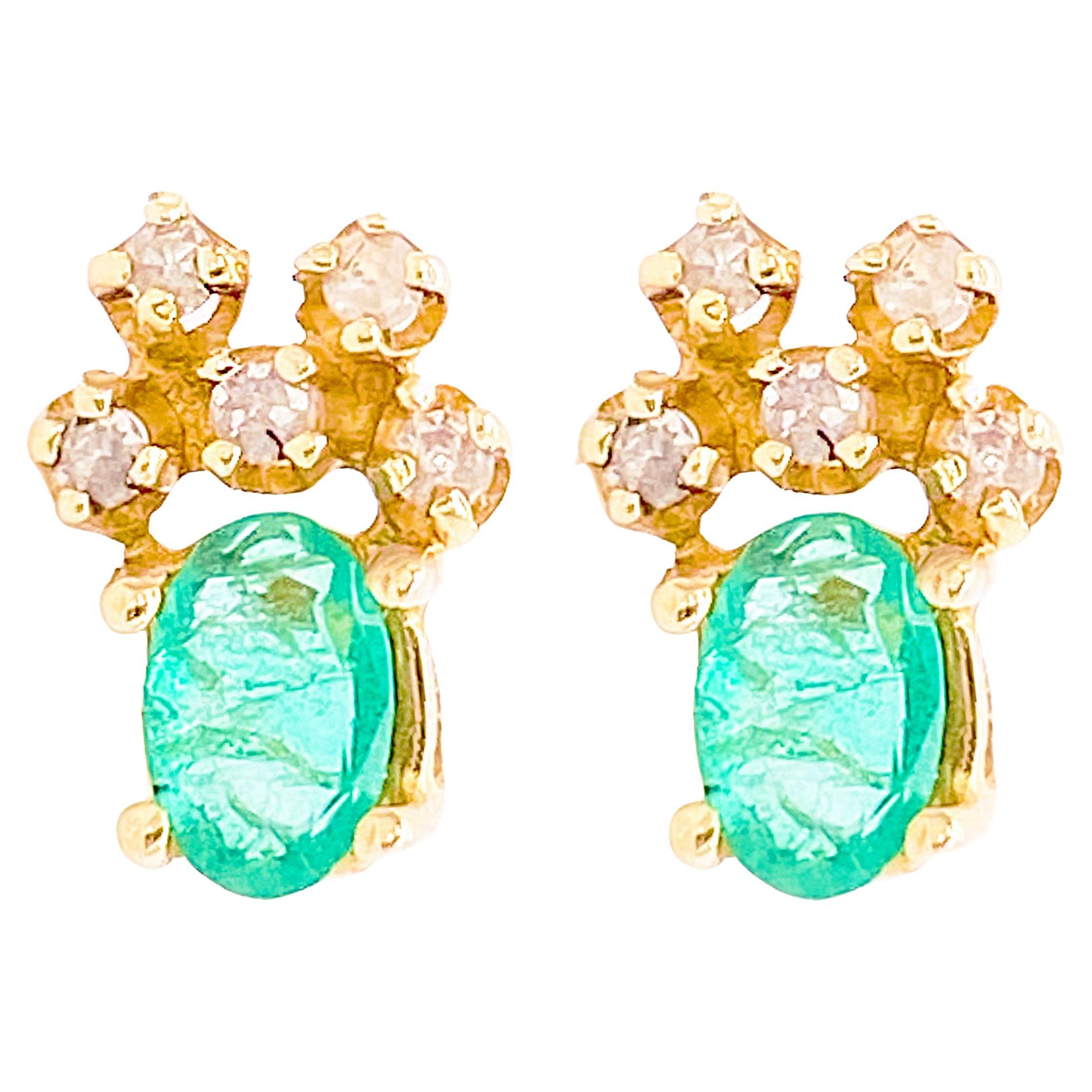 Emerald Estate Earrings W Diamonds Handmade W 14k Solid Gold W Stud Posts, Green For Sale