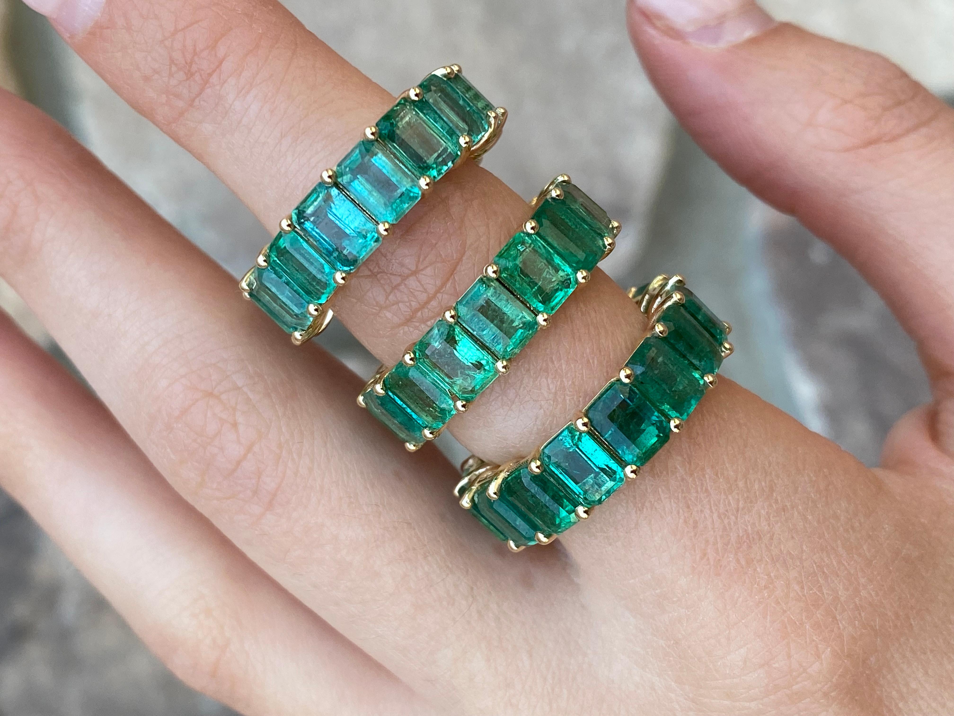 14K yellow gold
approx. 7-10 carats of emerald depending on ring size 
Please allow 6-8 weeks production for custom sizing