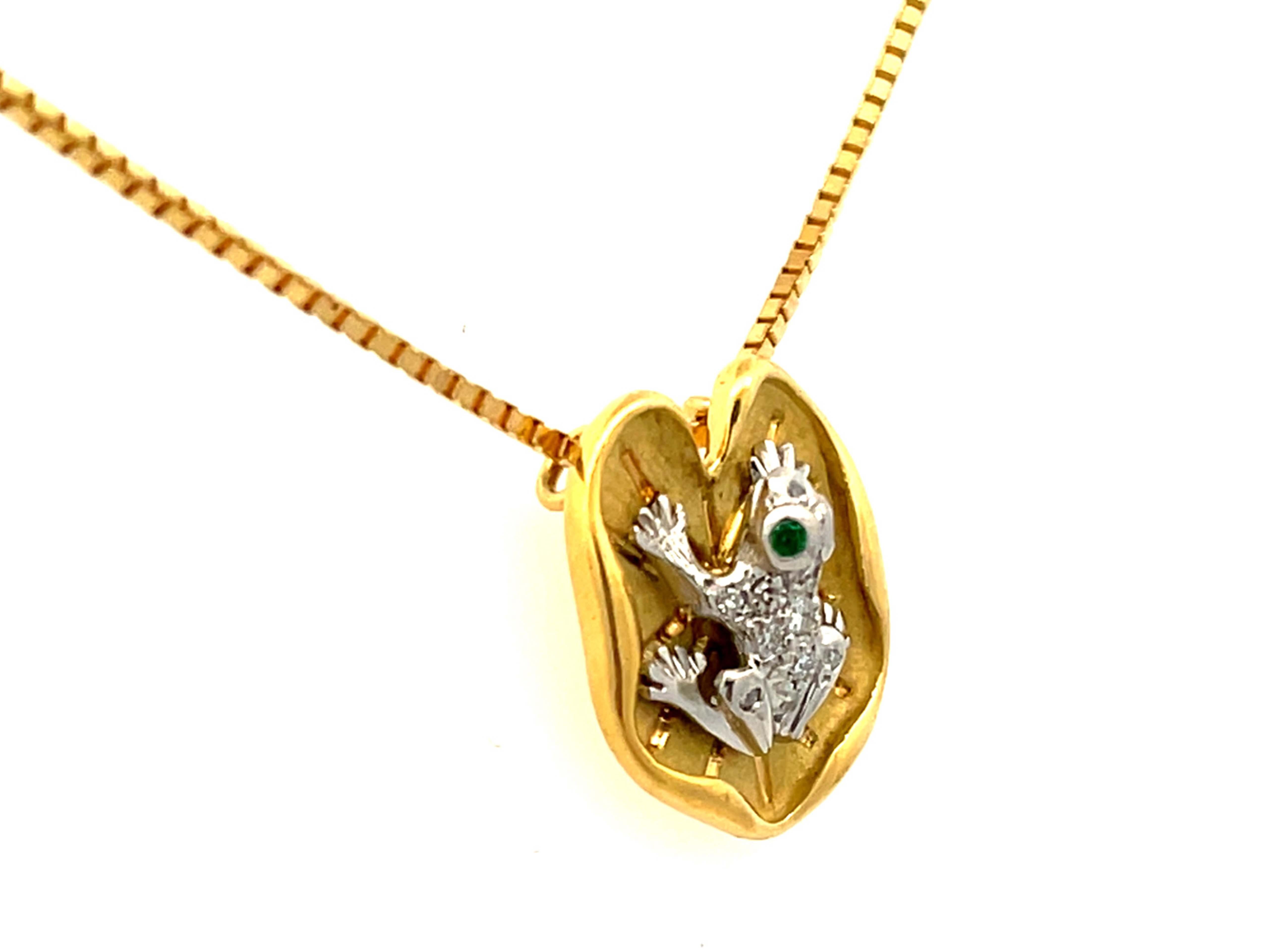 Modern Emerald Eyes & Diamond Frog Necklace on Lily Pad in 18k Yellow Gold and Platinum