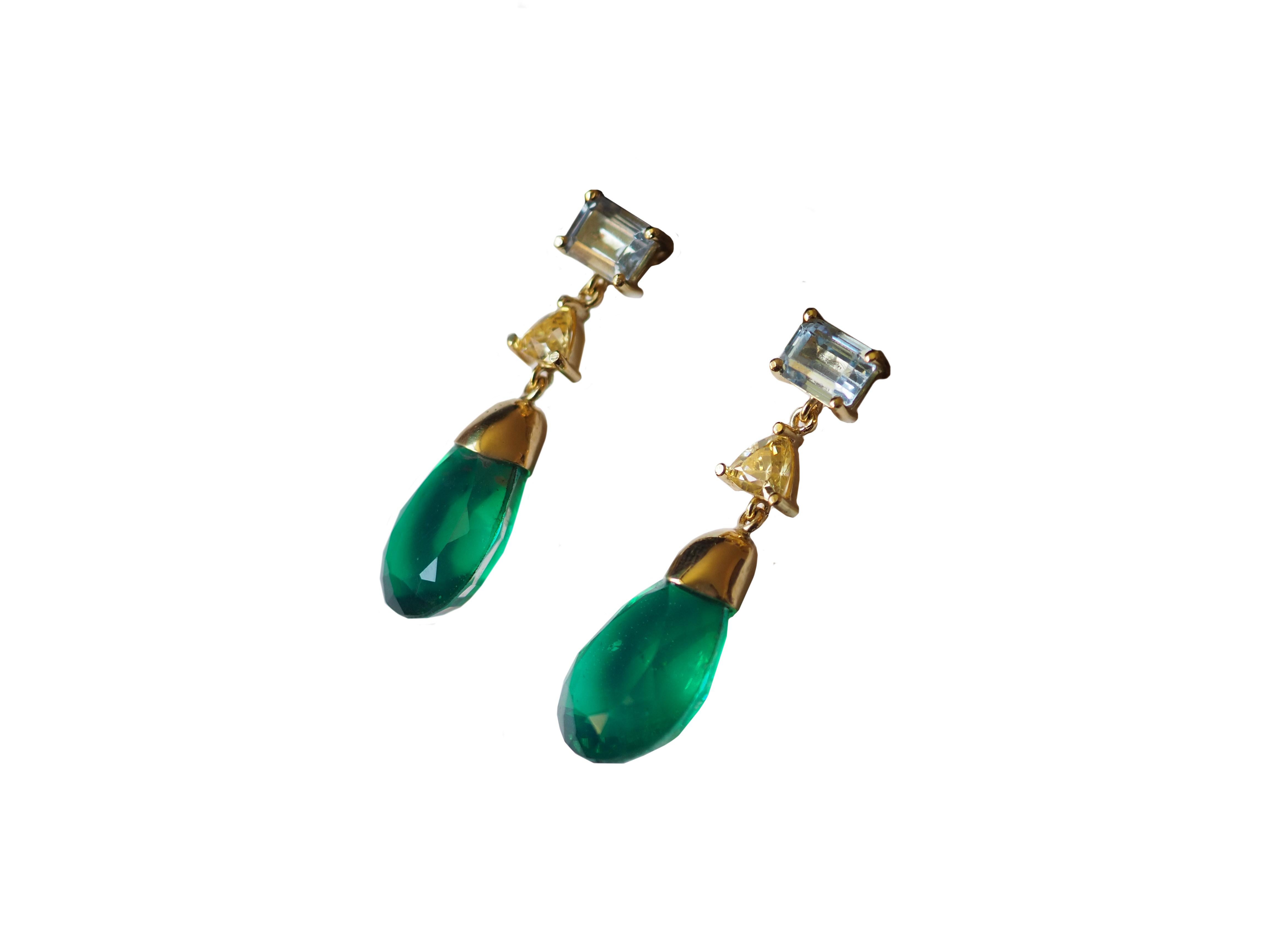 Artisan Emerald Faced Drops Yellow Diamond Aquamarine 18 Karat Gold For Sale