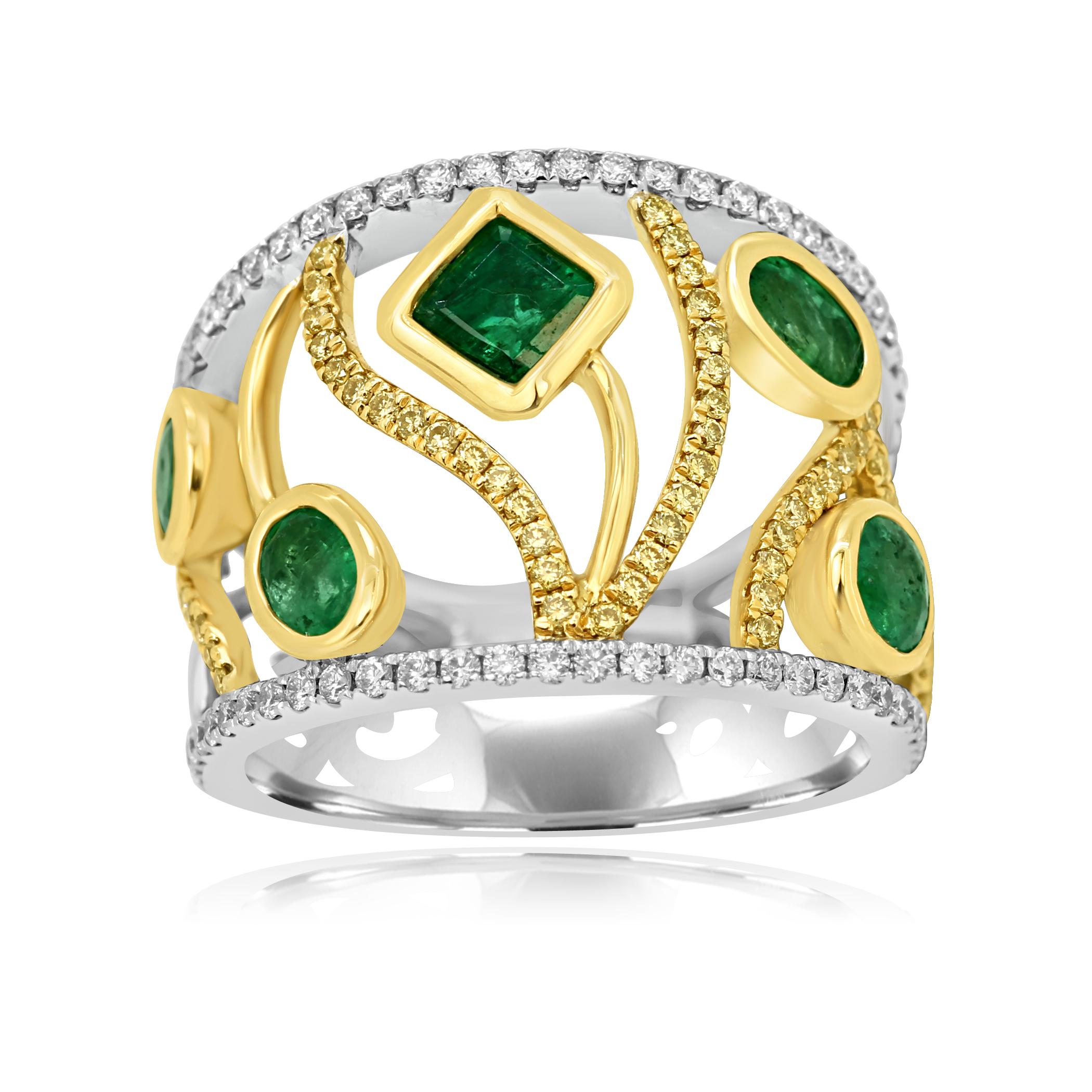5 Emerald Mix Shapes 1.26 Carat Set alongside Natural Fancy Yellow Diamond SI Rounds 0.24 Carat and Colorless VS-SI diamond Rounds 0.35 Carat in Stunning 14K White and Yellow Gold Fashion Cocktail Band Ring.
Total Weight 1.85 Carat

5 Emerald Weight