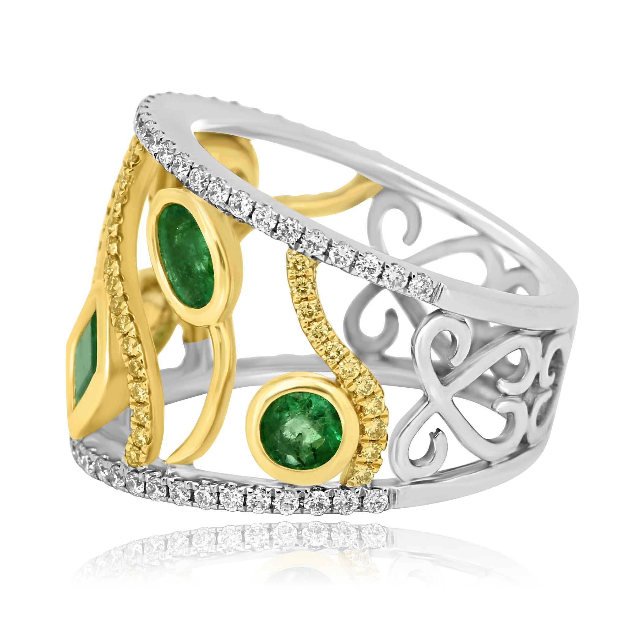 Modern Emerald Fancy Yellow White Diamond Two-Color Gold Cocktail Fashion Band Ring