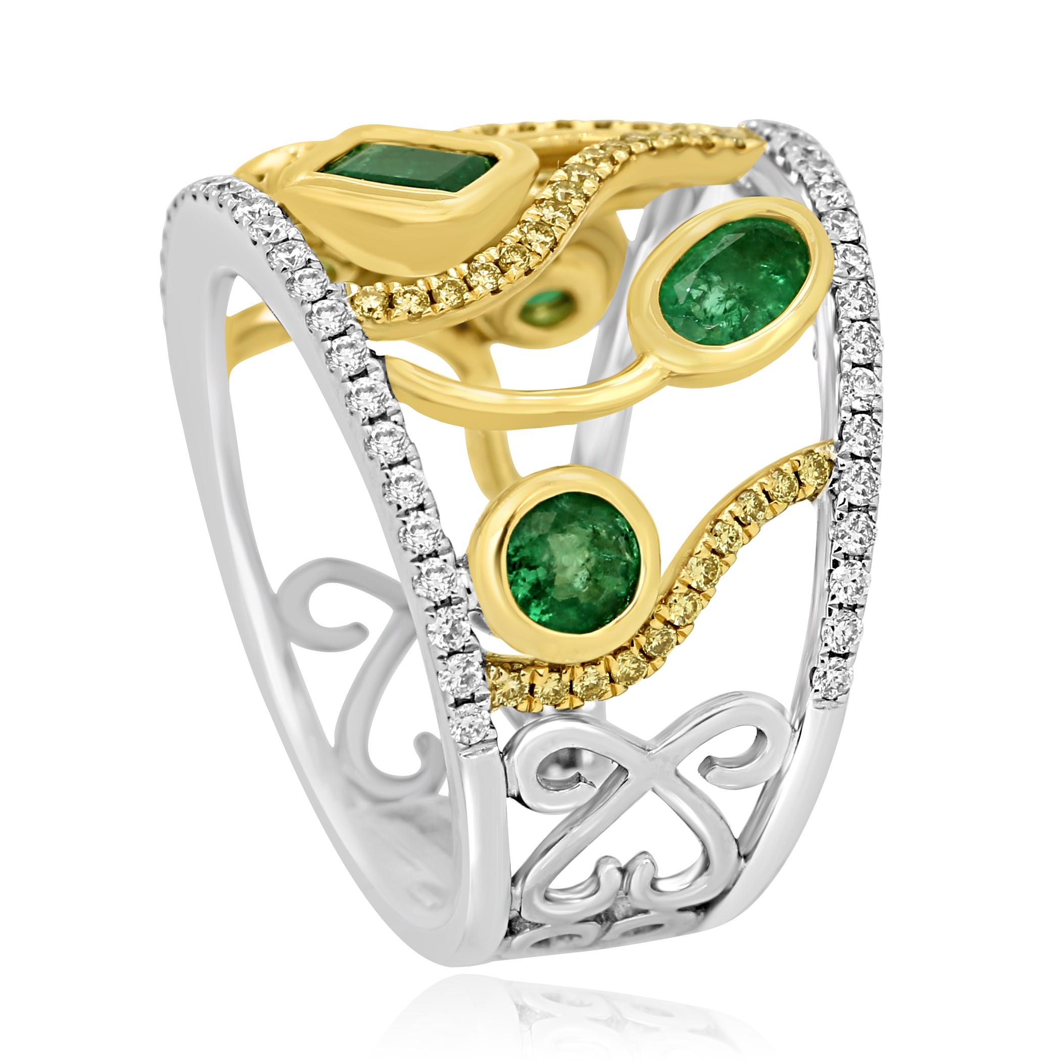 Oval Cut Emerald Fancy Yellow White Diamond Two-Color Gold Cocktail Fashion Band Ring