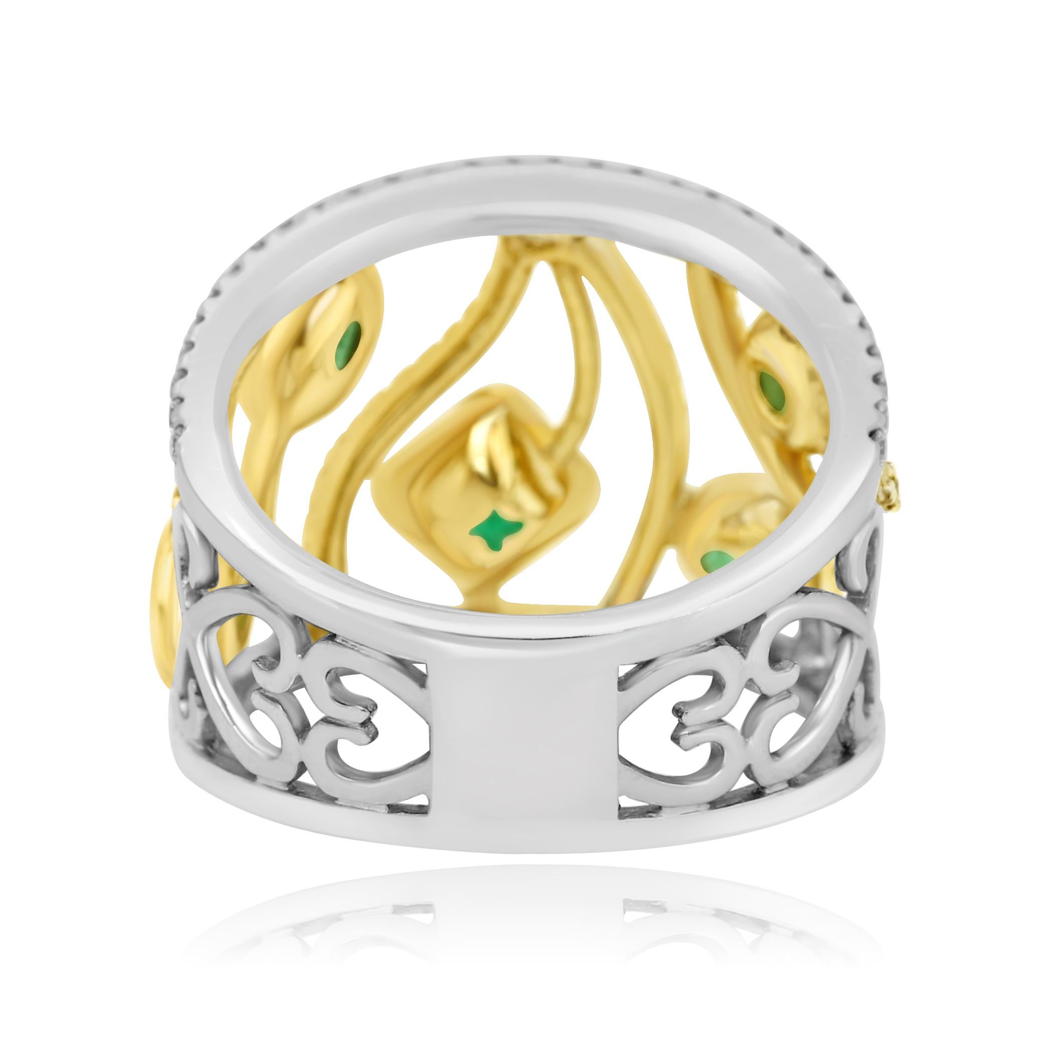 Women's or Men's Emerald Fancy Yellow White Diamond Two-Color Gold Cocktail Fashion Band Ring