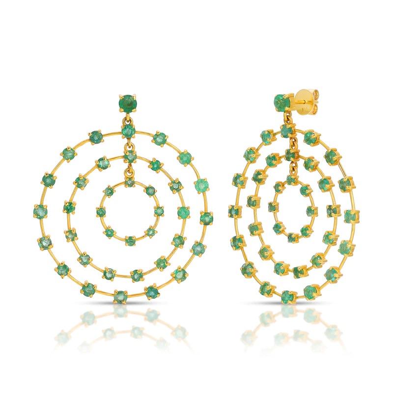 Emerald Filigree Front Facing Hoops featuring a constellation of glittering faceted emeralds suspended on a trio of fluid hoops. A gorgeous sexy pair of hoops with which to adorn yourself.

- Emeralds 2.65 carats.
- Set in 22 karat gold overlay