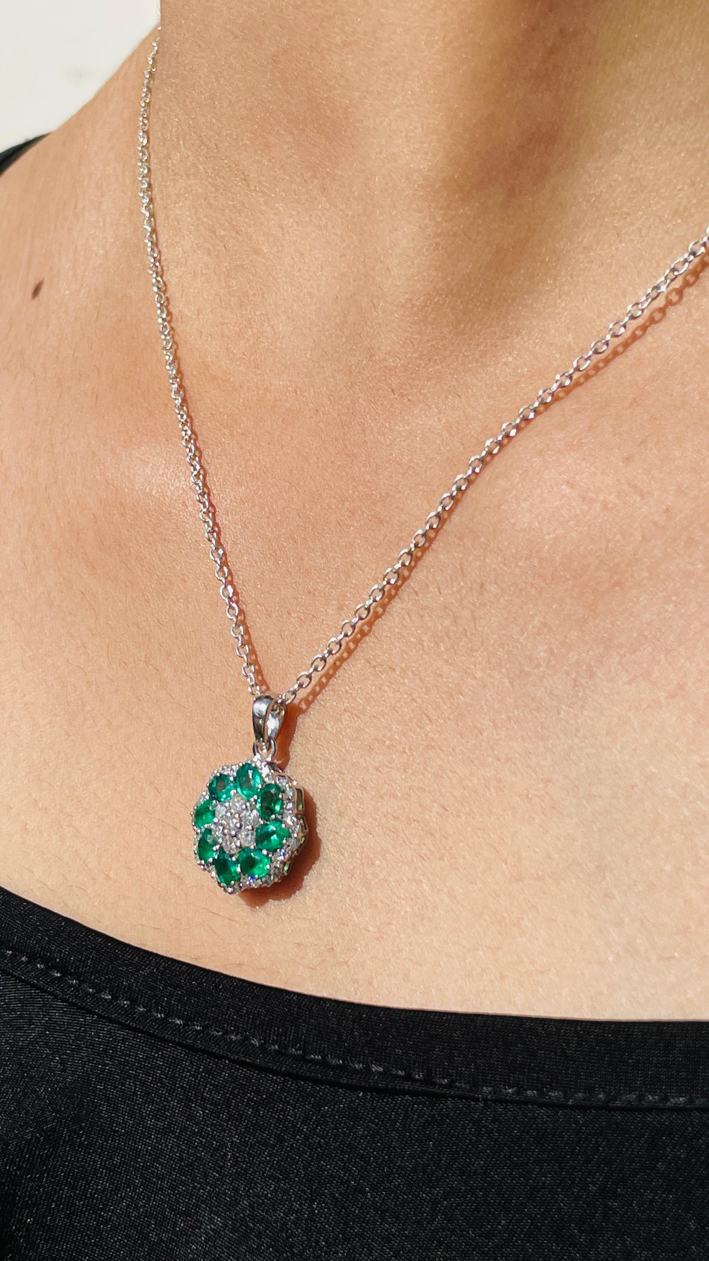 Modern Emerald Floral Pendant in 18K White Gold with Diamonds For Sale