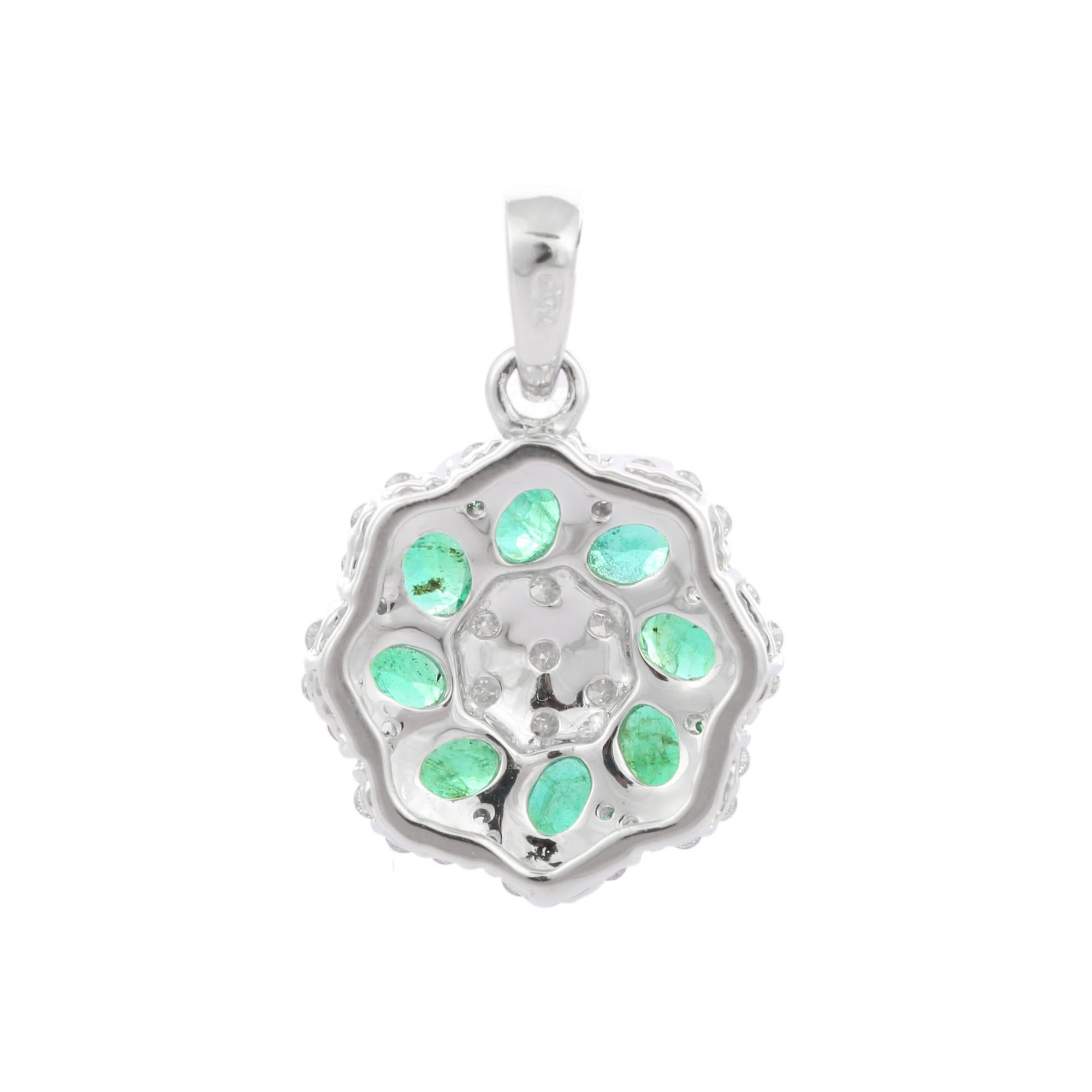 Women's Emerald Floral Pendant in 18K White Gold with Diamonds For Sale
