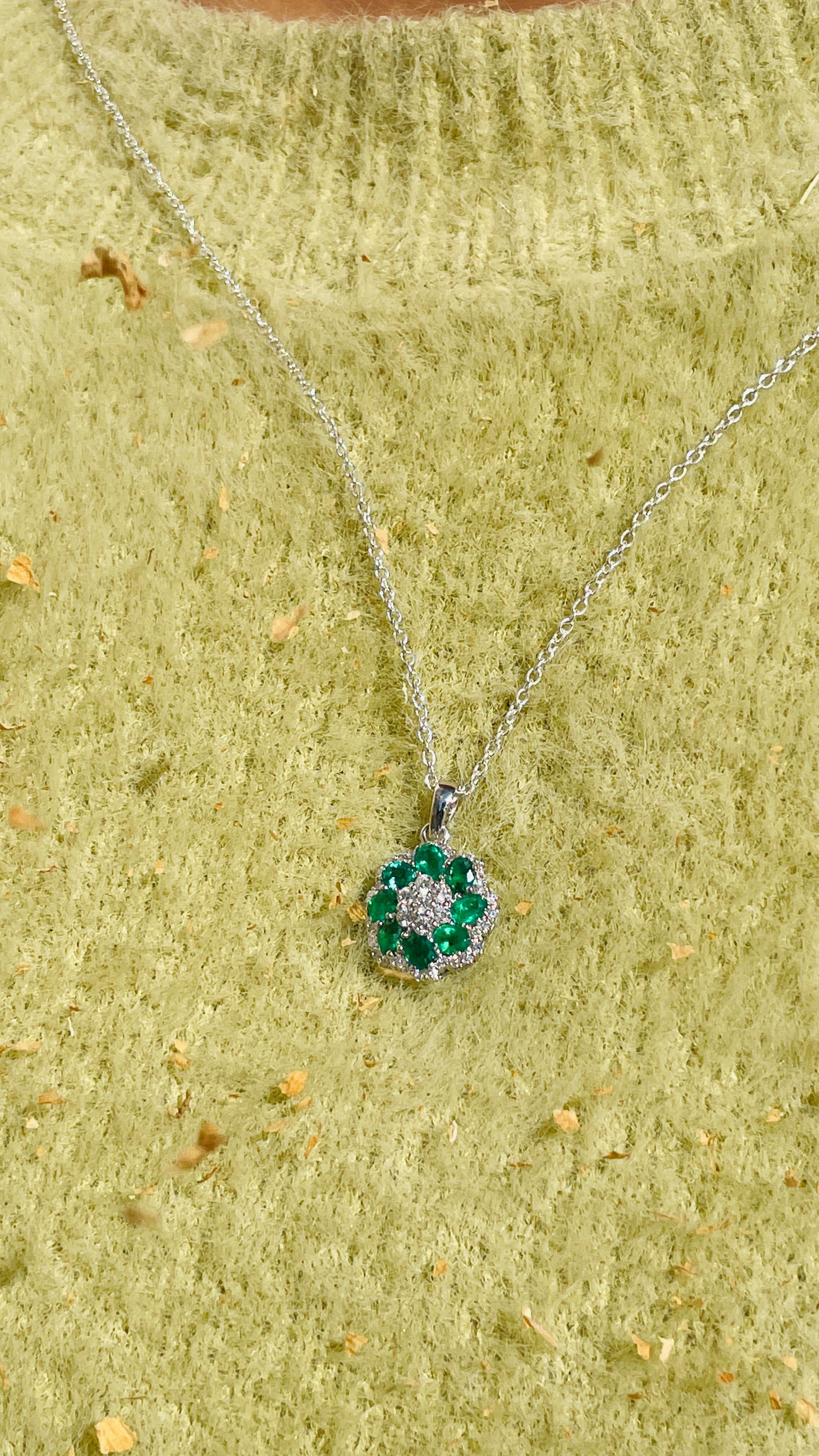 Emerald Floral Pendant in 18K White Gold with Diamonds For Sale 2