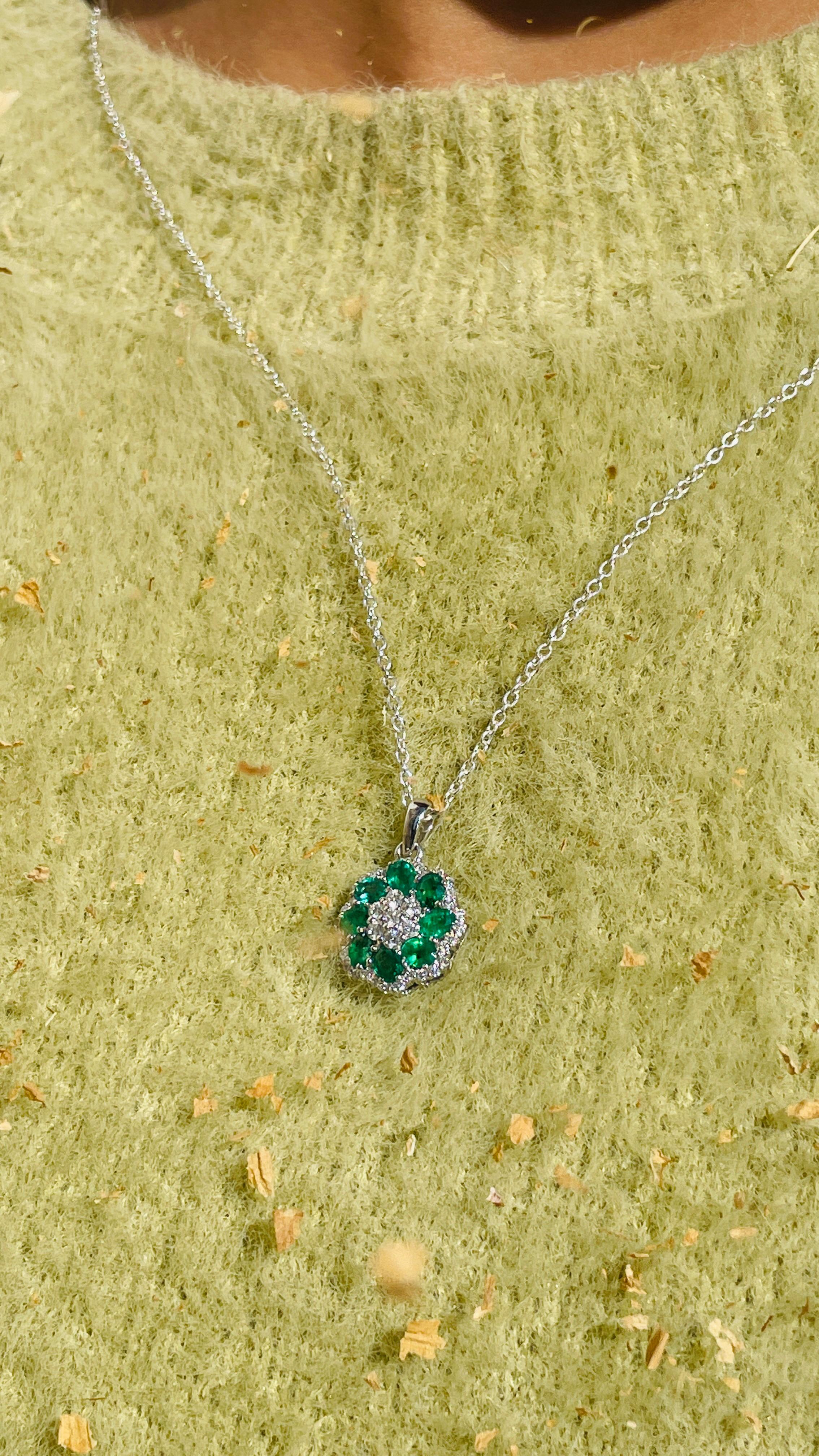 Emerald Floral Pendant in 18K White Gold with Diamonds For Sale 3