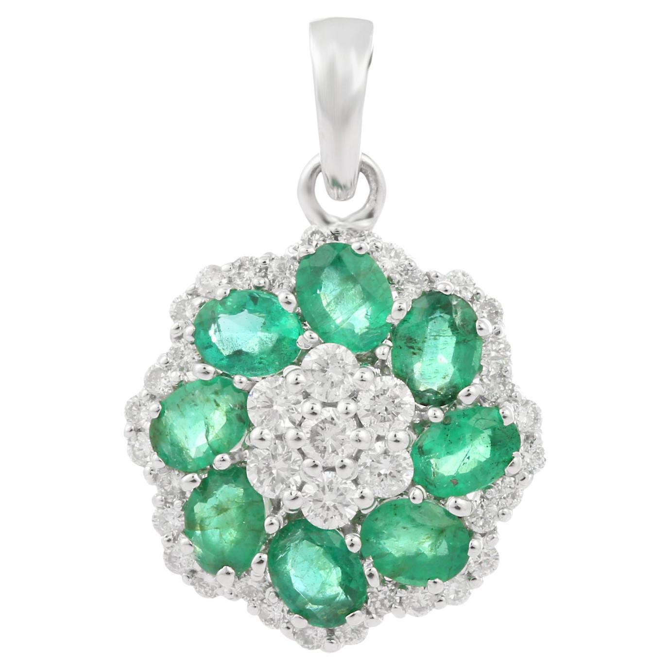 Emerald Floral Pendant in 18K White Gold with Diamonds For Sale