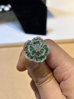 Emerald Flower 5.06ct Camellia Cocktail Ring with Diamond Halo 18K White Gold