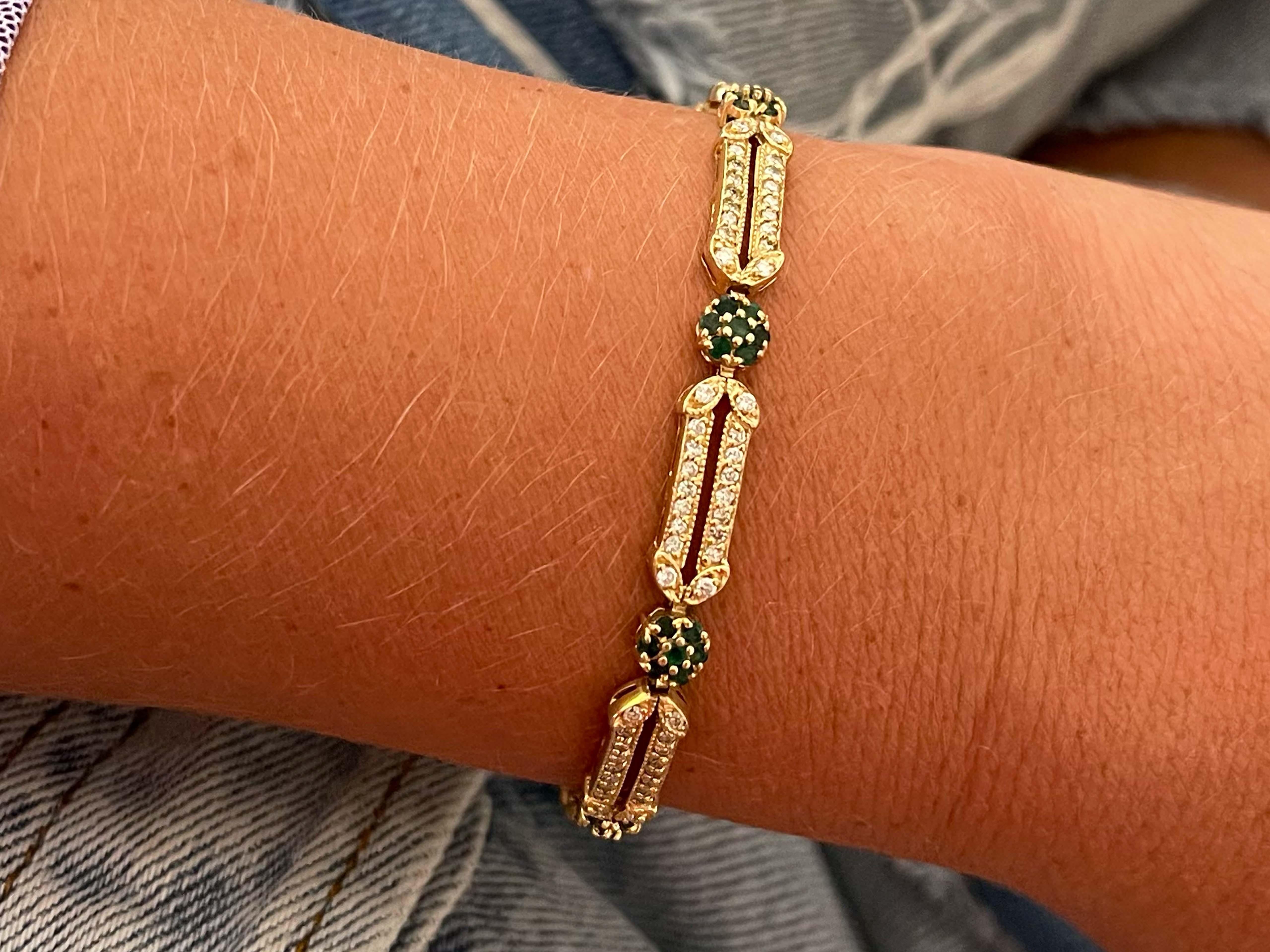 Bracelet Specification:

Metal: 14k Yellow Gold

Total Weight: 11.0 Grams

Bracelet Width: 6.2 mm

Bracelet Length: 7 in

Diamonds: 144 round brilliant diamonds

Diamond Color: G

Diamond Clarity: VS

Diamond Total Weight: ~1.4 carats

Gemstones: 56