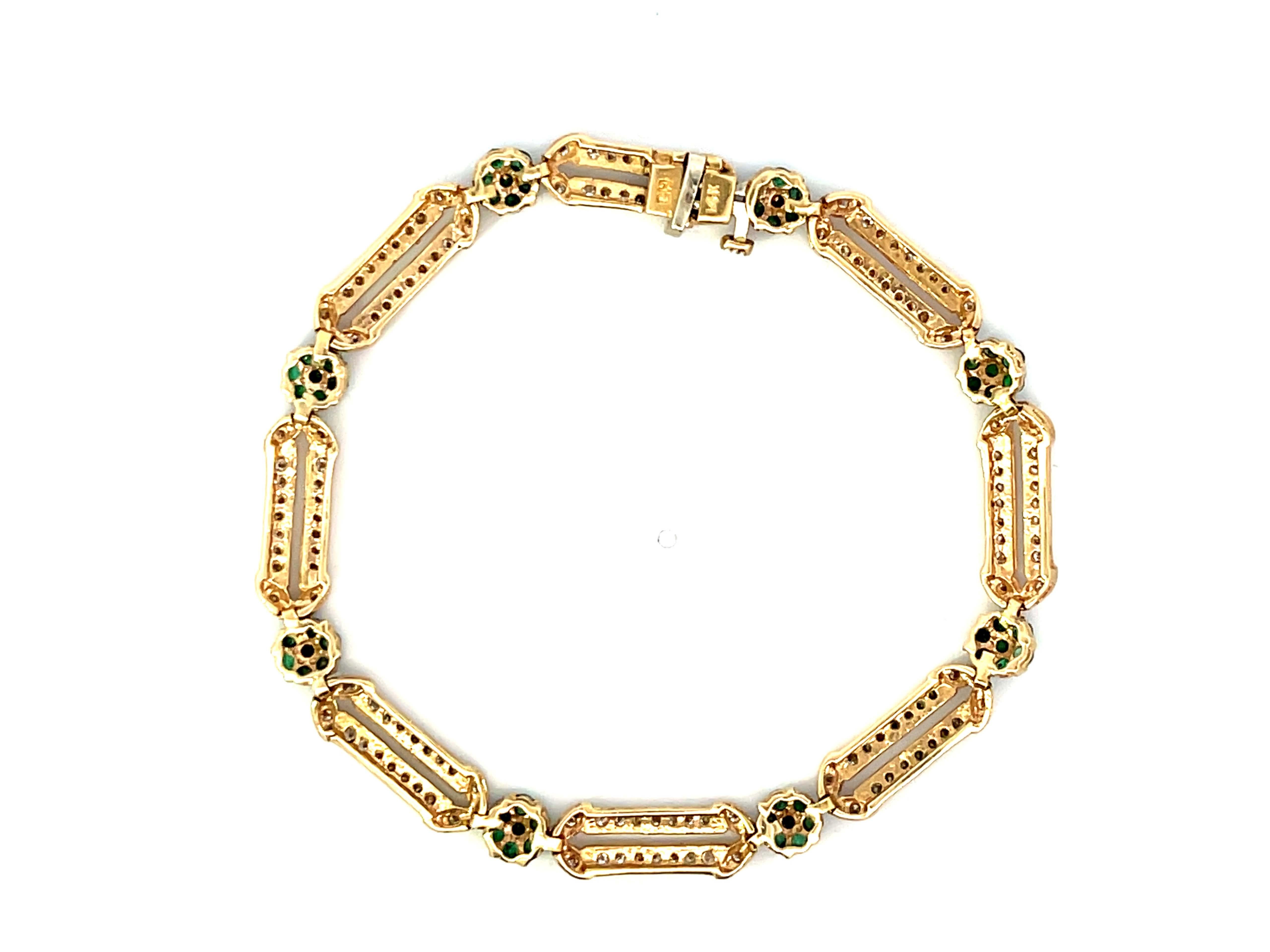 Round Cut Emerald Flower and Diamond Link Bracelet in 14k Yellow Gold For Sale