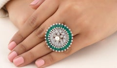 12.97 Carat Flower Natural Emerald Diamond Pearl Statement Ring, 14k White Gold