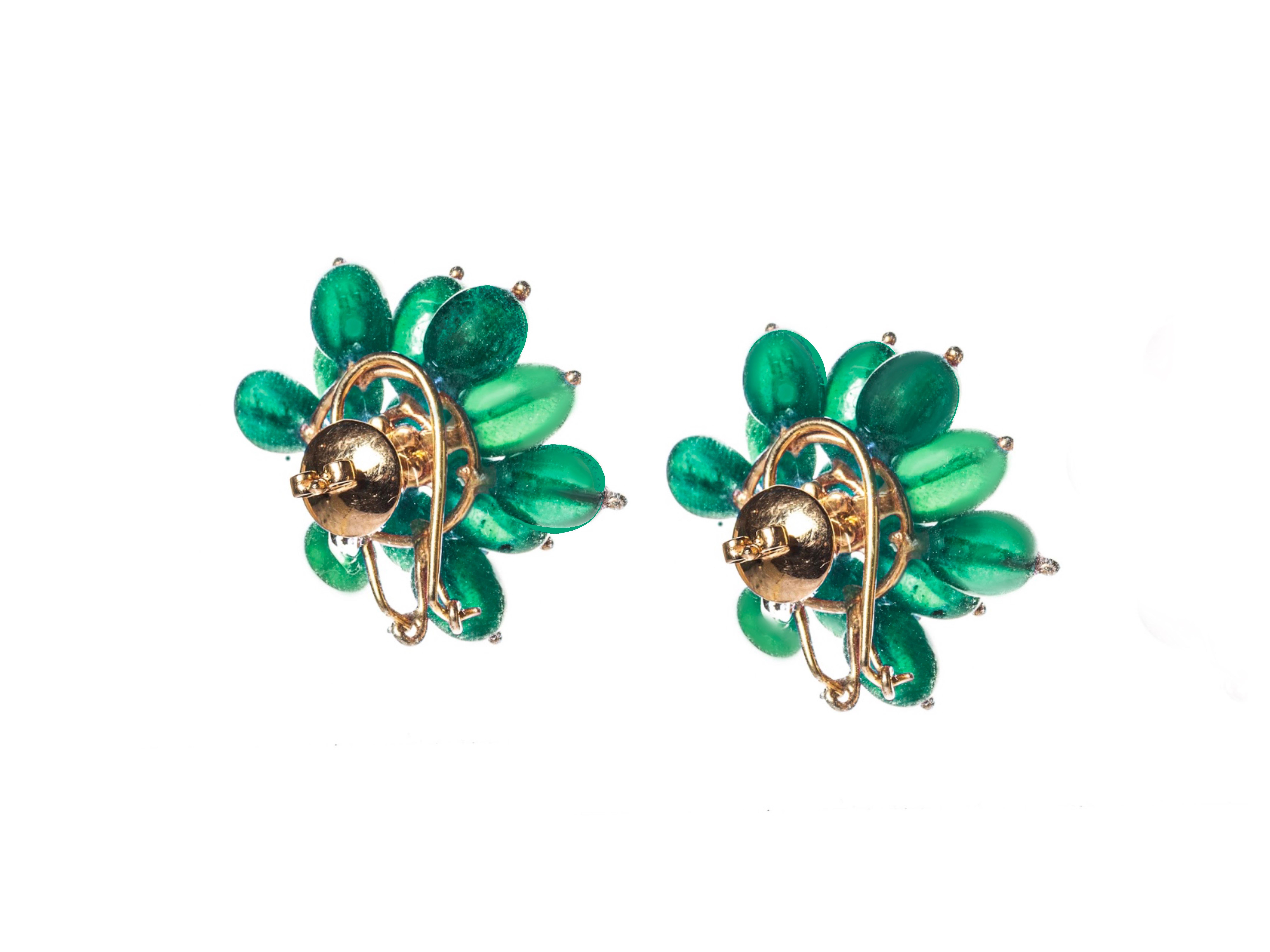 Contemporary Emerald Flower Earrings in 14 Karat Gold with Diamonds For Sale