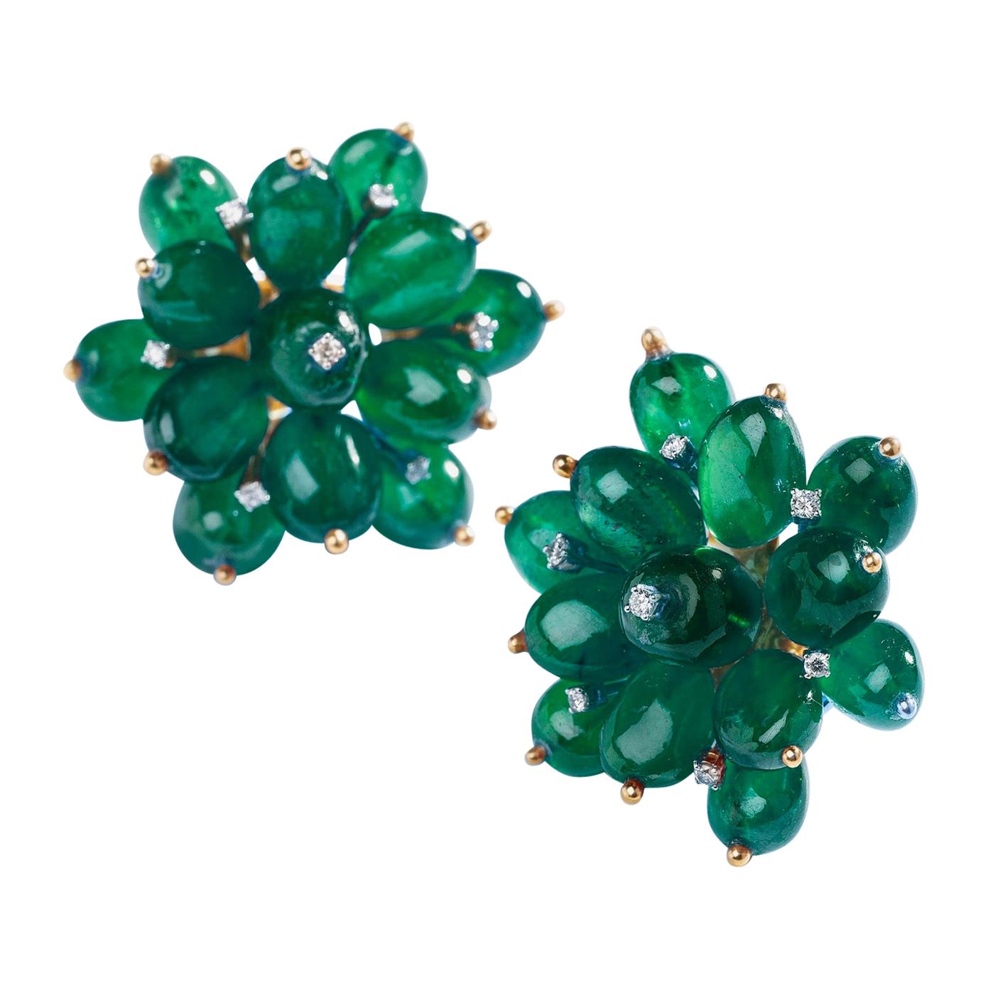 Emerald Flower Earrings in 14 Karat Gold with Diamonds