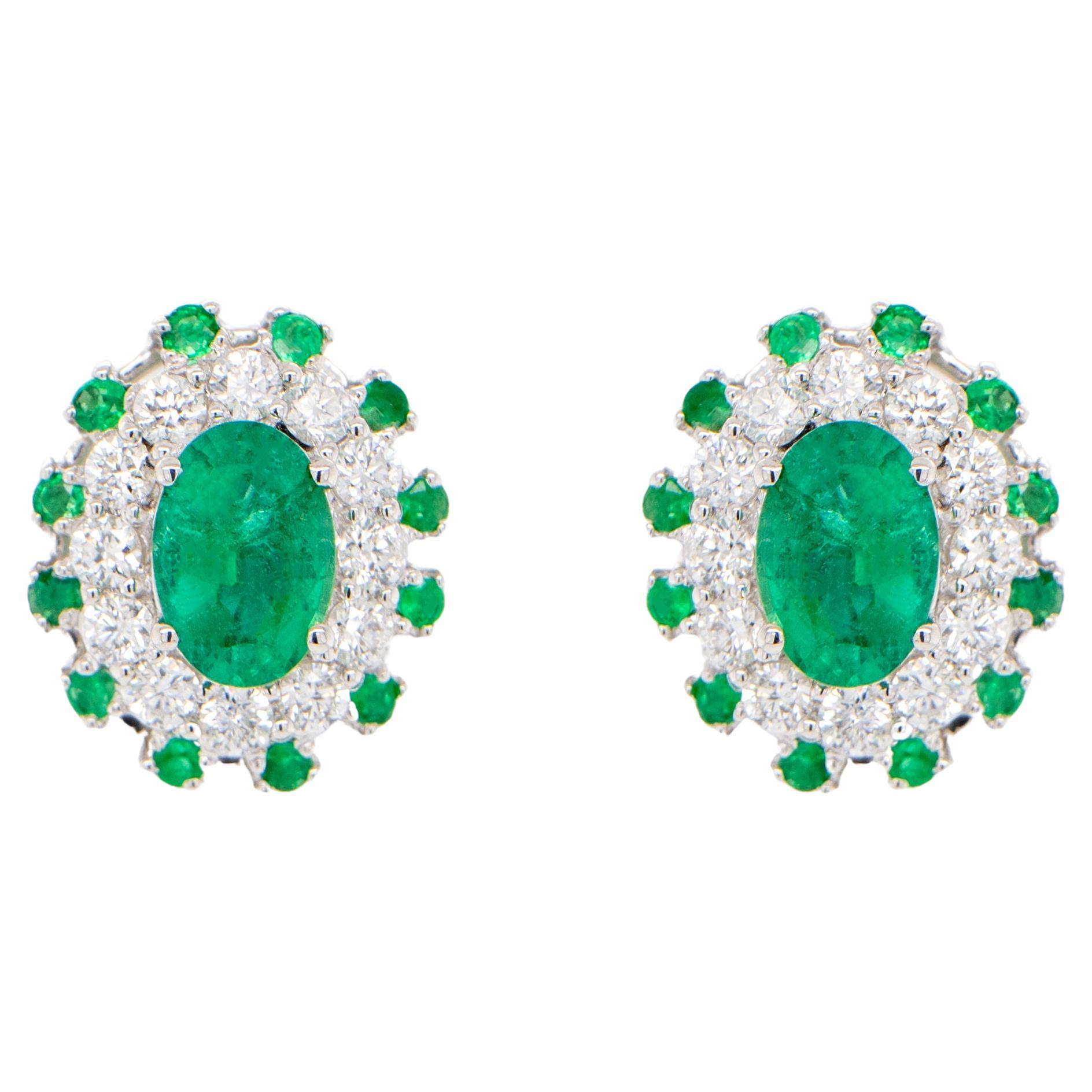 Emerald Flower Earrings With Diamonds 2.49 Carats 18K Gold For Sale