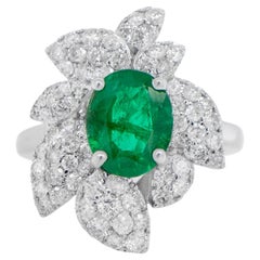 Emerald Flower Ring With Diamonds 2.61 Carats 18K White Gold