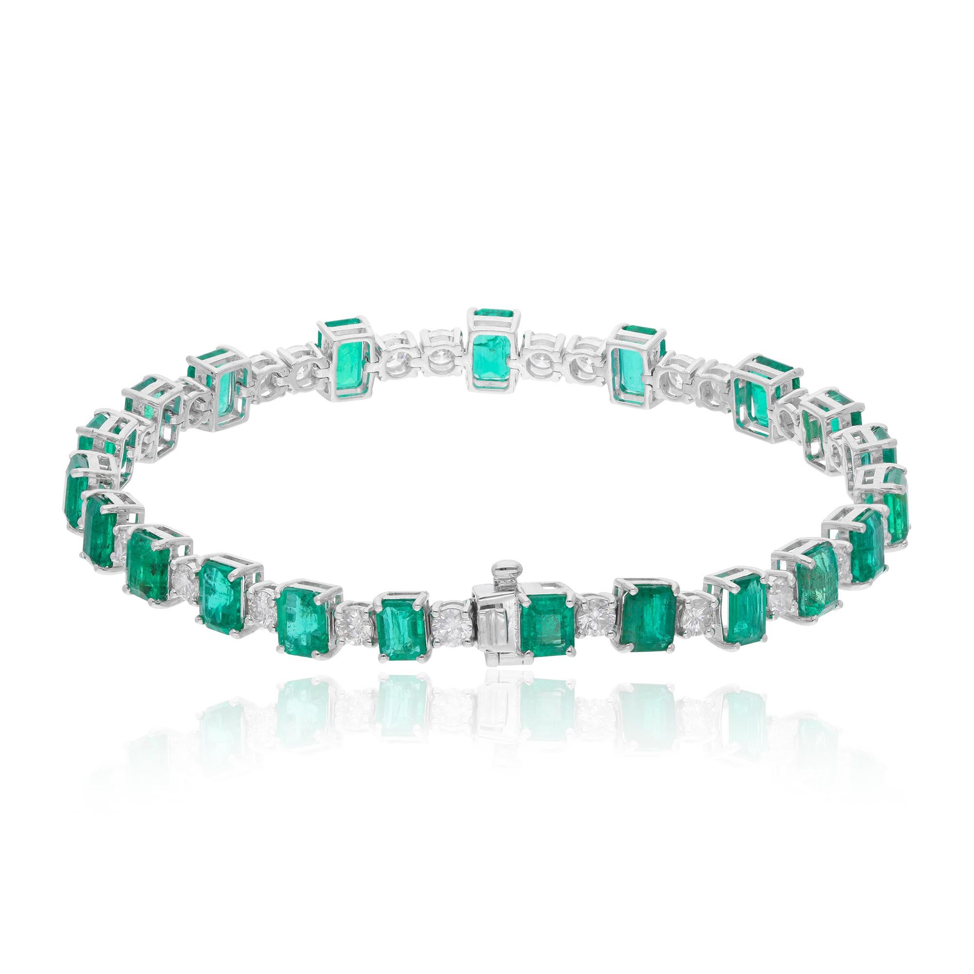 Immerse yourself in the timeless allure of this Emerald Gemstone Bracelet, adorned with shimmering Diamonds and meticulously handcrafted in solid 18 Karat White Gold. This exquisite piece of handmade jewelry is a celebration of sophistication and