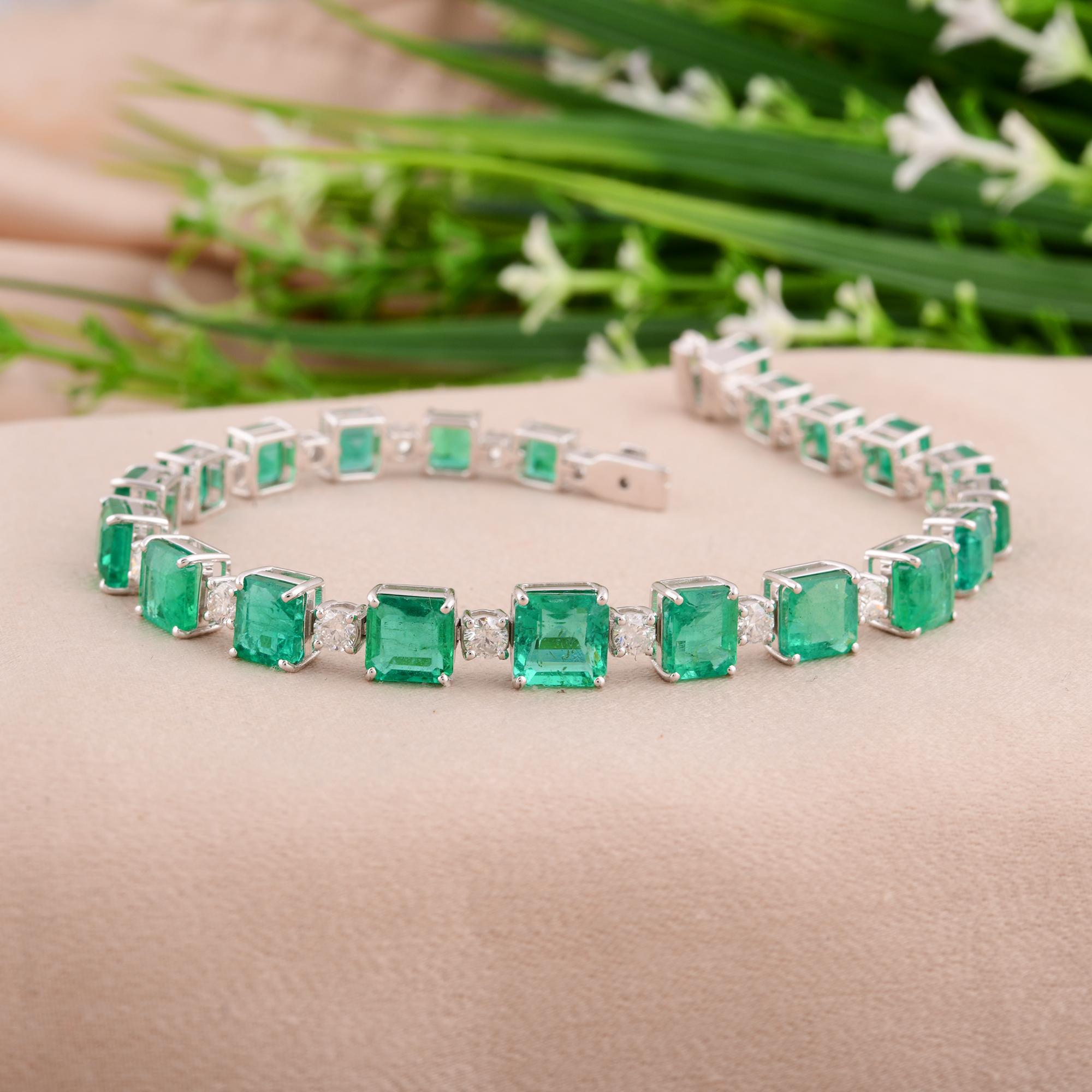 Emerald Cut Emerald Gemstone Bracelet Round Diamond 18 Karat White Gold Handmade Jewelry For Sale