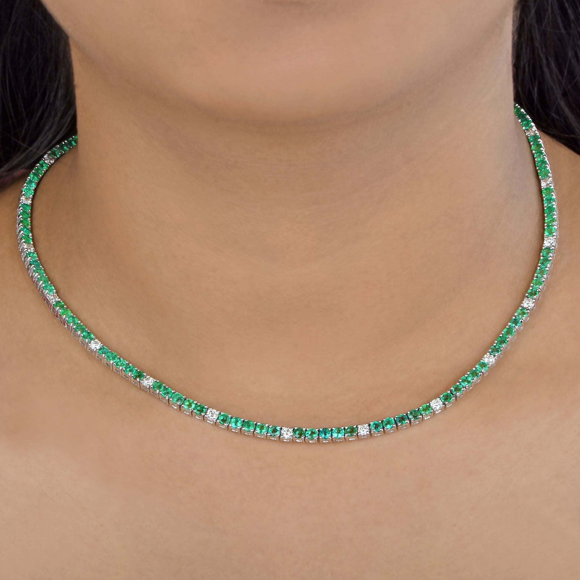 Round Cut Emerald Gemstone Chain Necklace Diamond 10 Karat White Gold Handmade Jewelry For Sale