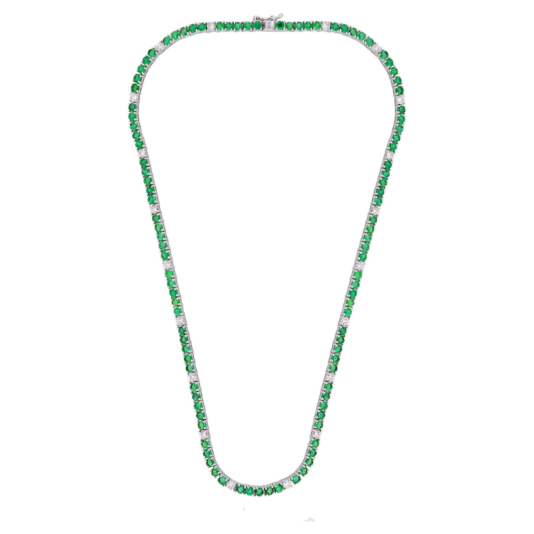 Emerald Gemstone Chain Necklace Diamond 10 Karat White Gold Handmade Jewelry For Sale