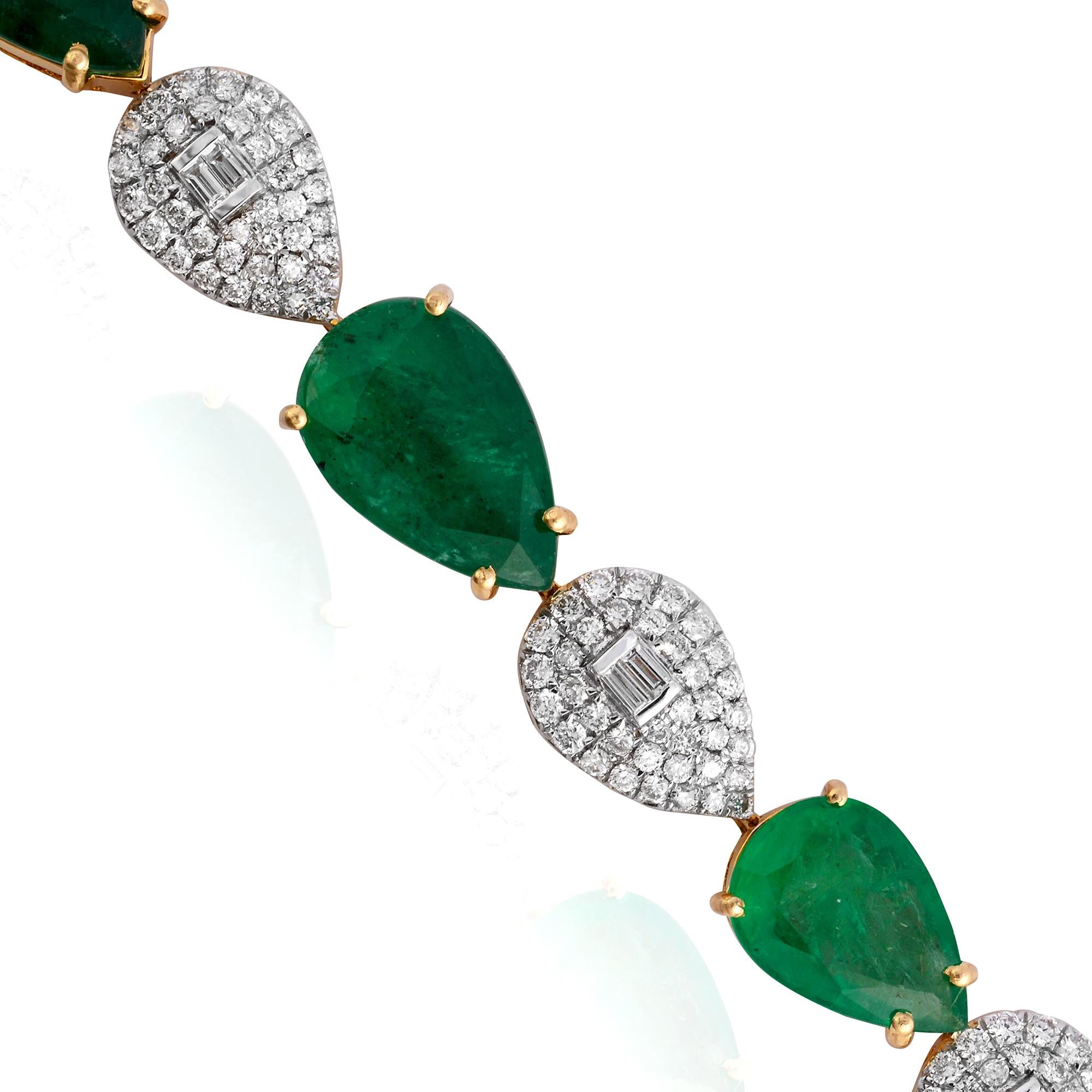 Pear Cut Emerald Gemstone Charm Bracelet Diamond 18 Karat Yellow Gold Handmade Jewelry For Sale