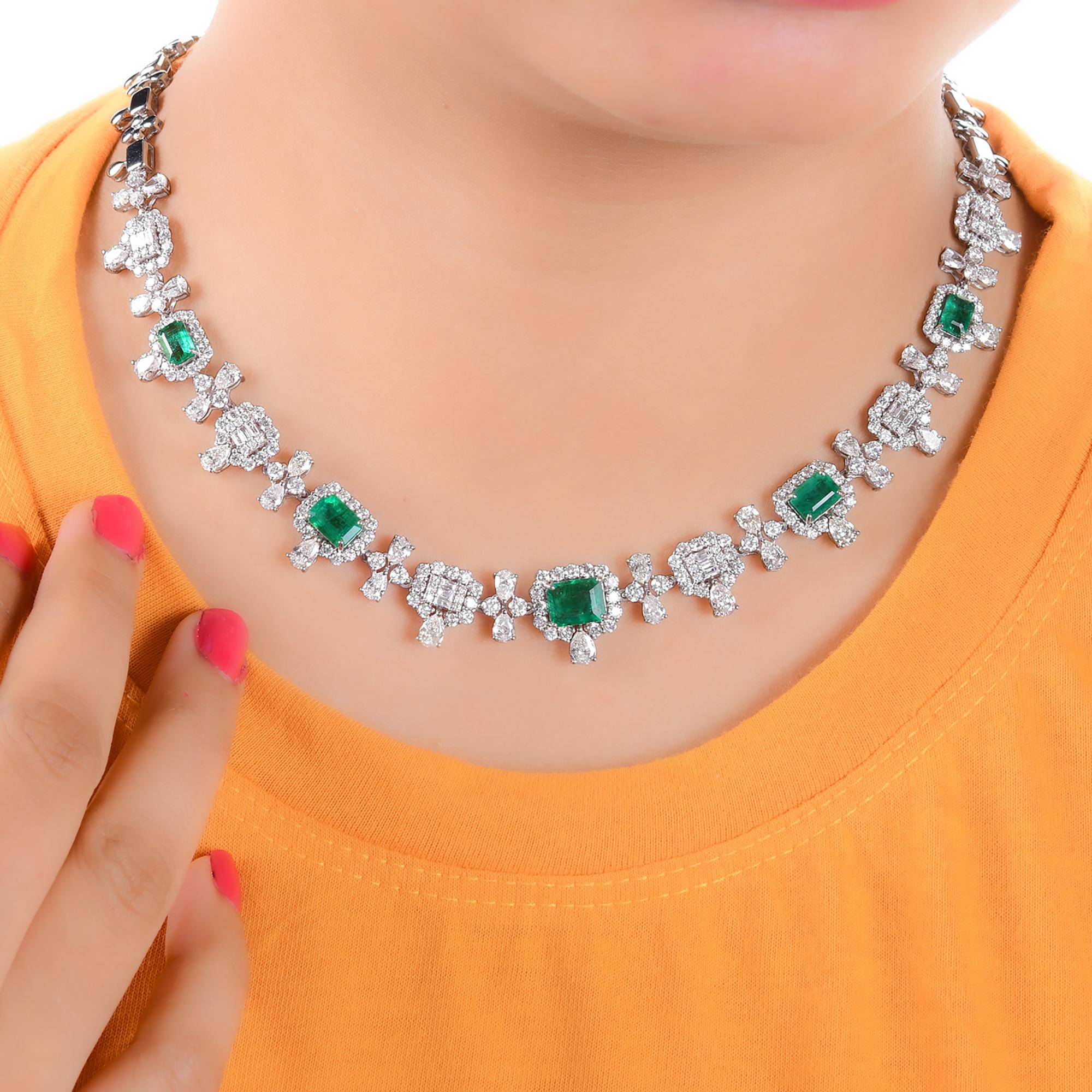 Octagon Cut Emerald Gemstone Charm Necklace Diamond Pave 18 Karat White Gold Fine Jewelry For Sale