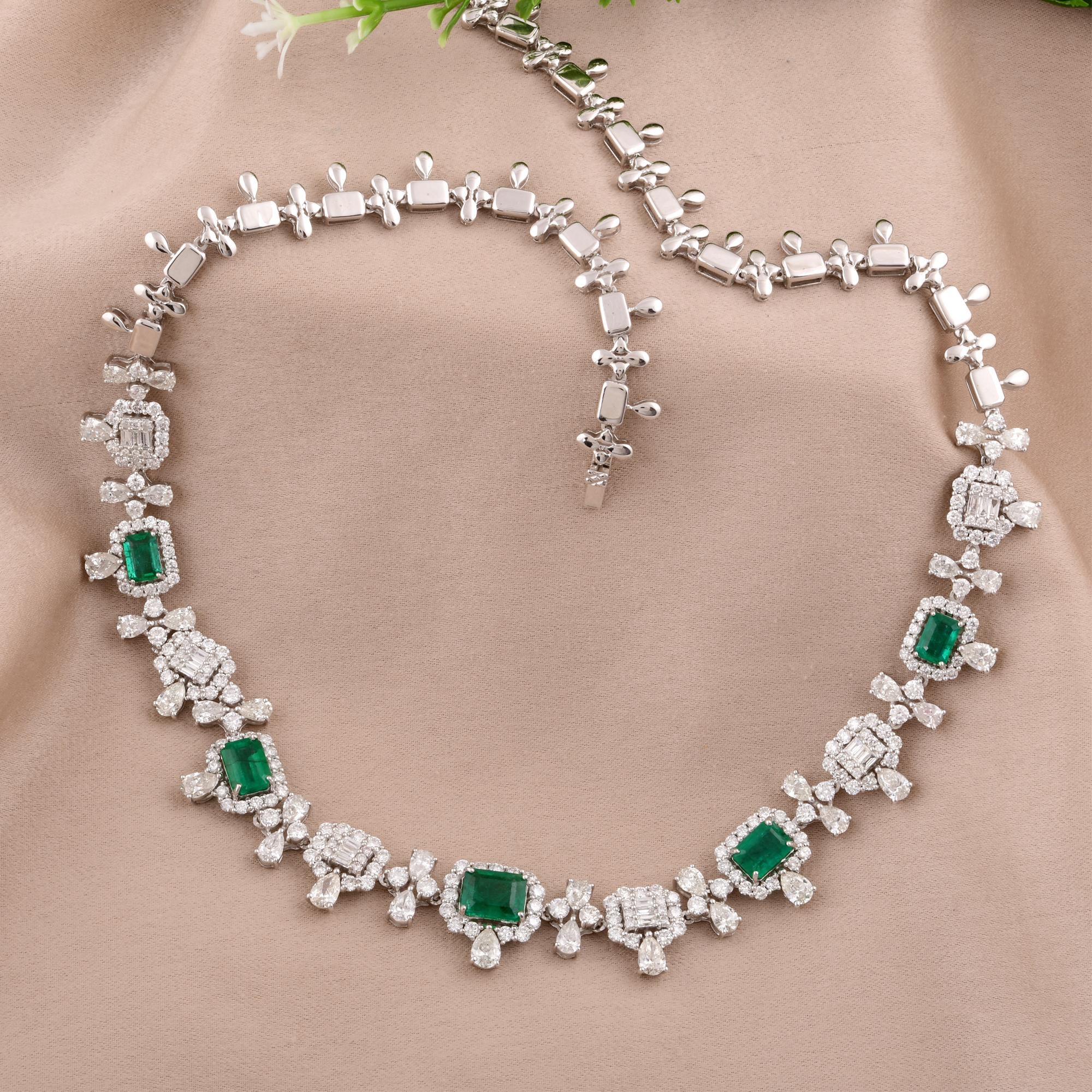 Women's Emerald Gemstone Charm Necklace Diamond Pave 18 Karat White Gold Fine Jewelry For Sale