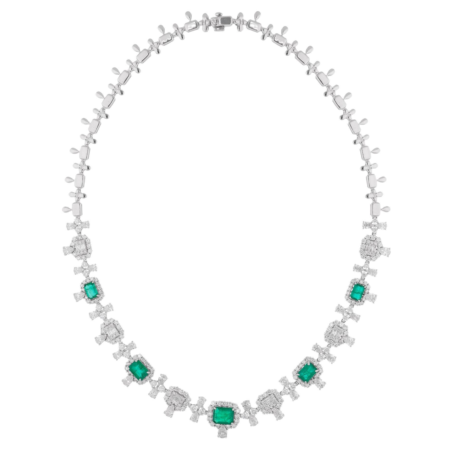 Emerald Gemstone Charm Necklace Diamond Pave 18 Karat White Gold Fine Jewelry