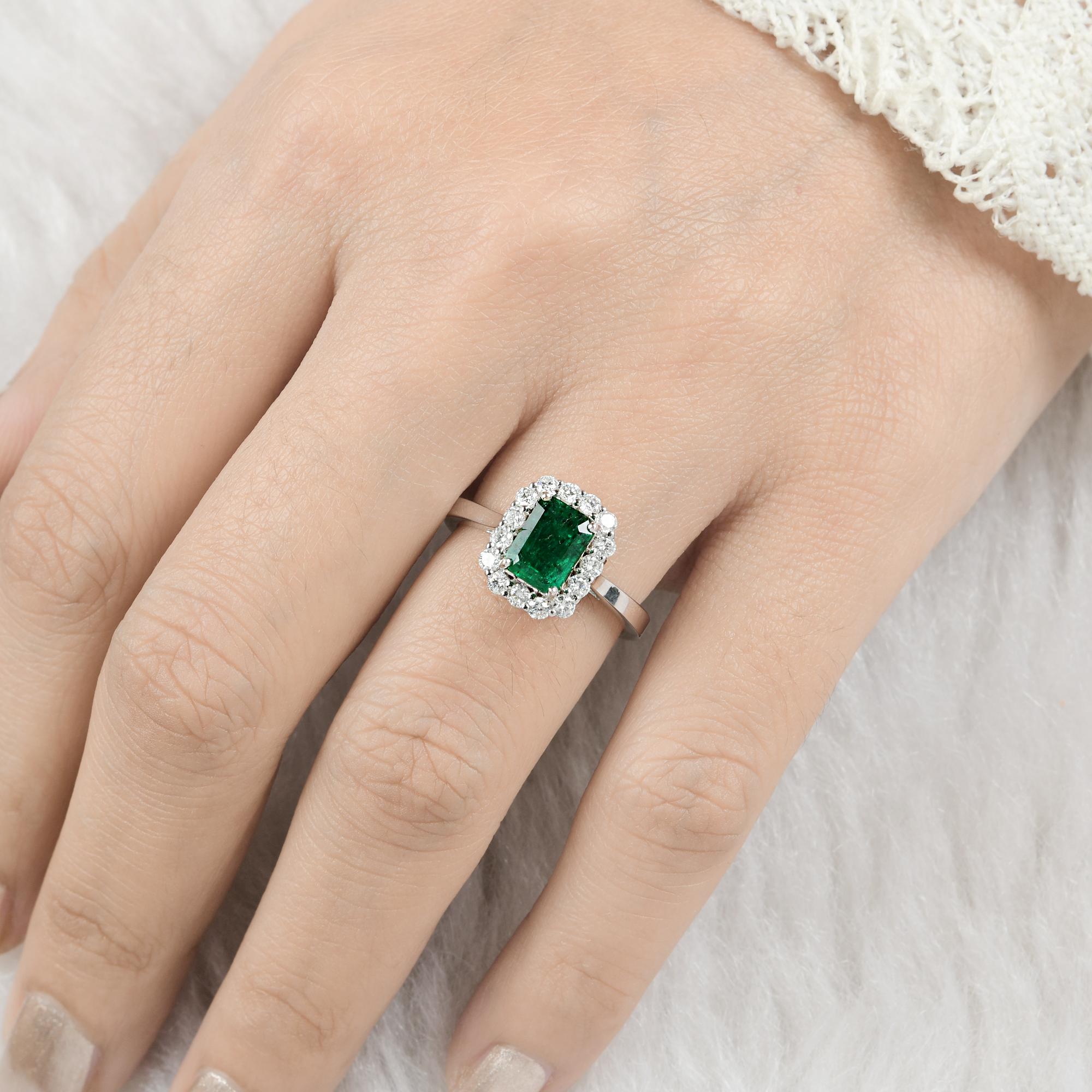 Emerald Cut Emerald Gemstone Cocktail Ring Diamond 14 Karat White Gold Handmade Fine Jewelry For Sale
